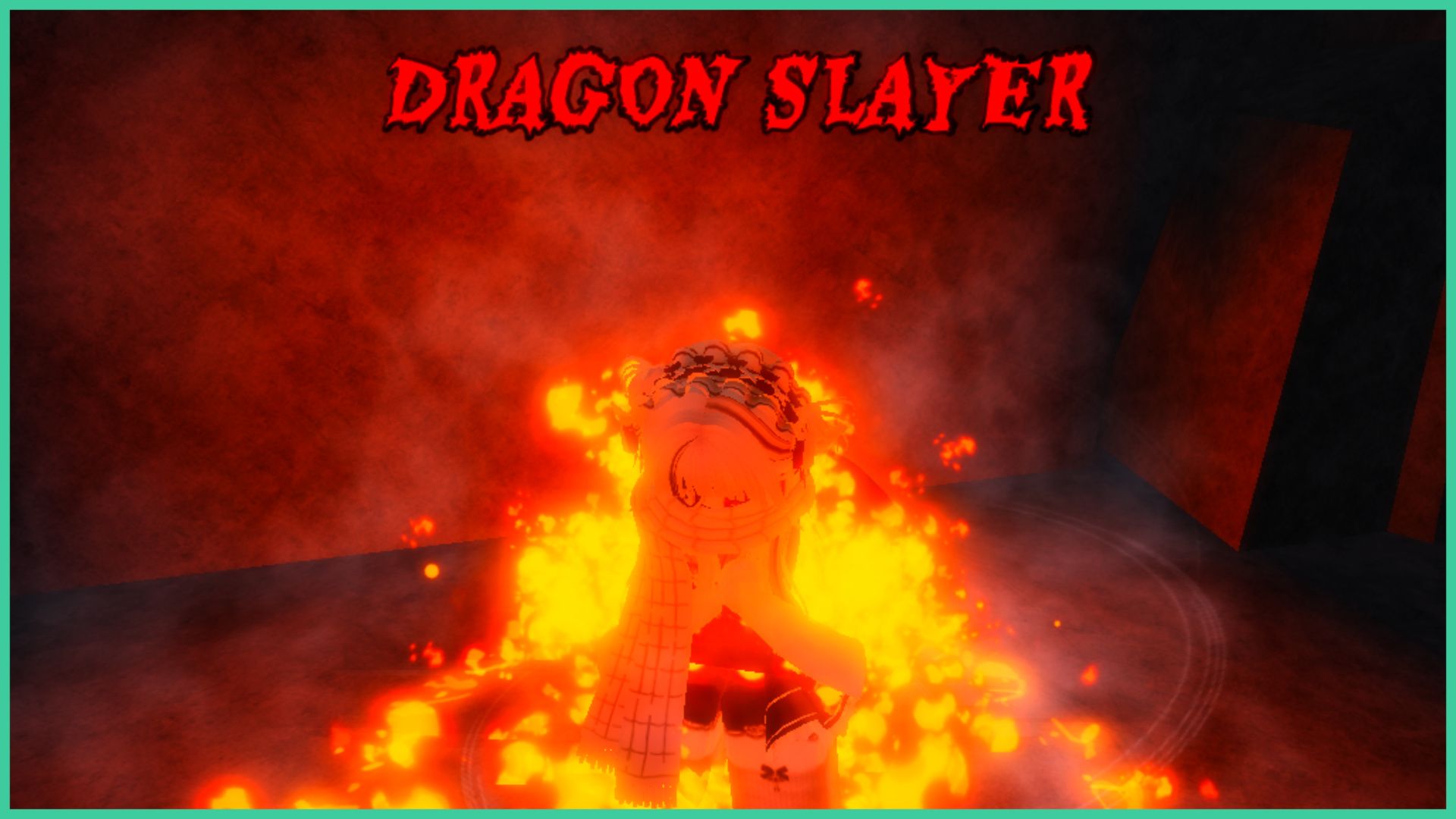 feature image for our anime roulette items guide, the roblox player has the dragon slayer aura equipped, as they wear a scarf and shiver whilst flames surround them inside of a cave