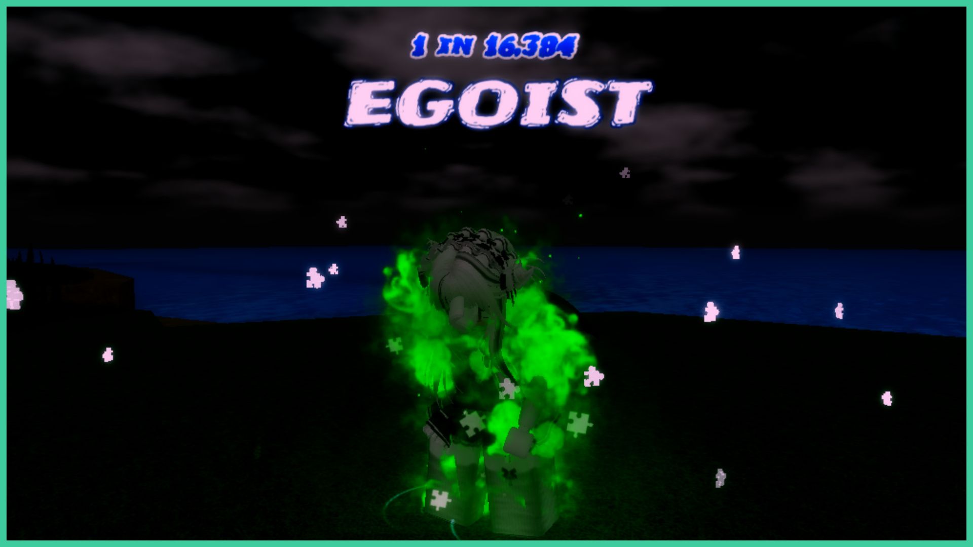 feature image for our anime roulette quests guide, the image is a screenshot of a player with the egoist aura, which is inspired by blue lock, as they clutch their head, with neon green mist around them, and floating jigsaw pieces