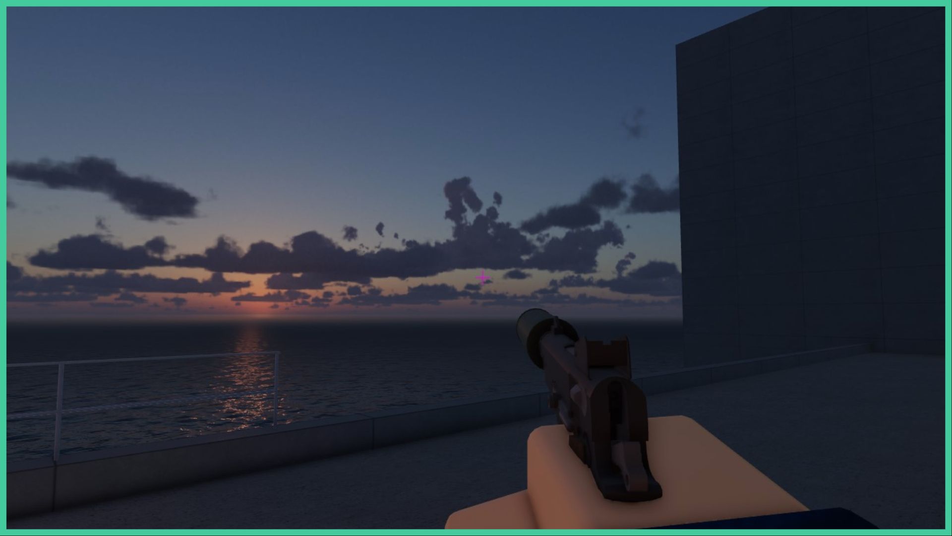feature image for our arsenal the hunt guide, the image features a screenshot from the start of the event mission, as the player holds a pistol while looking out to the rippling waters of the ocean, with the sun setting and casting a glow on the waters