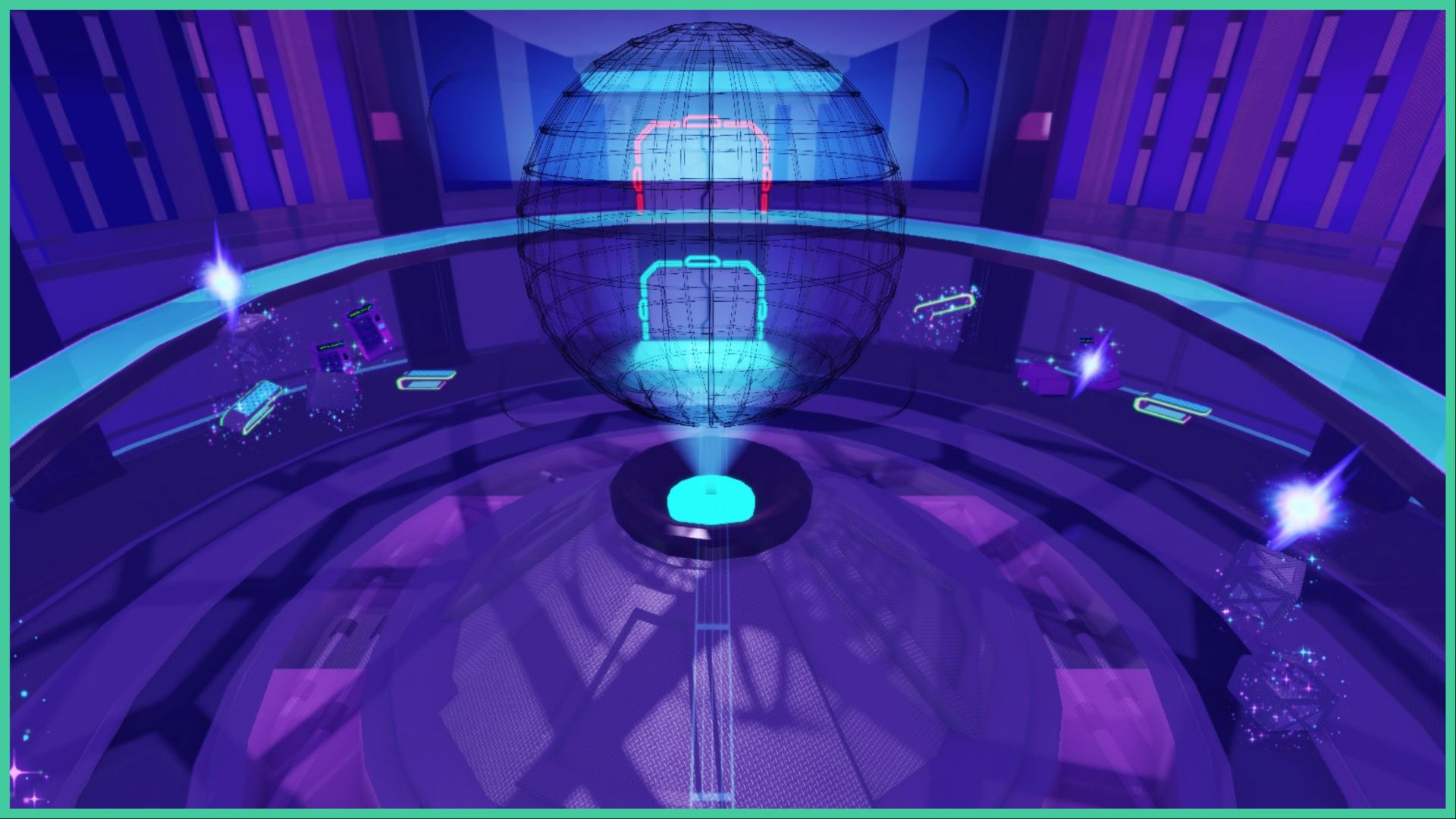 feature image for our astro renaissance the hunt guide, the image features a screenshot of the main event hub area, with a large globe hologram in the middle, with glowing rifts scattered around the room with floating sparkling boxes underneath, there is a second floor that stretches like a ring around the top of building with a door that has red lights around it as it is locked