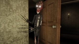 screenshot from before truth of the monster walking through a doorway towards the player, the corridor is dimly lit with a candle, as the monster has glowing white eyes, a rotting face, pointy hands, and thin limbs