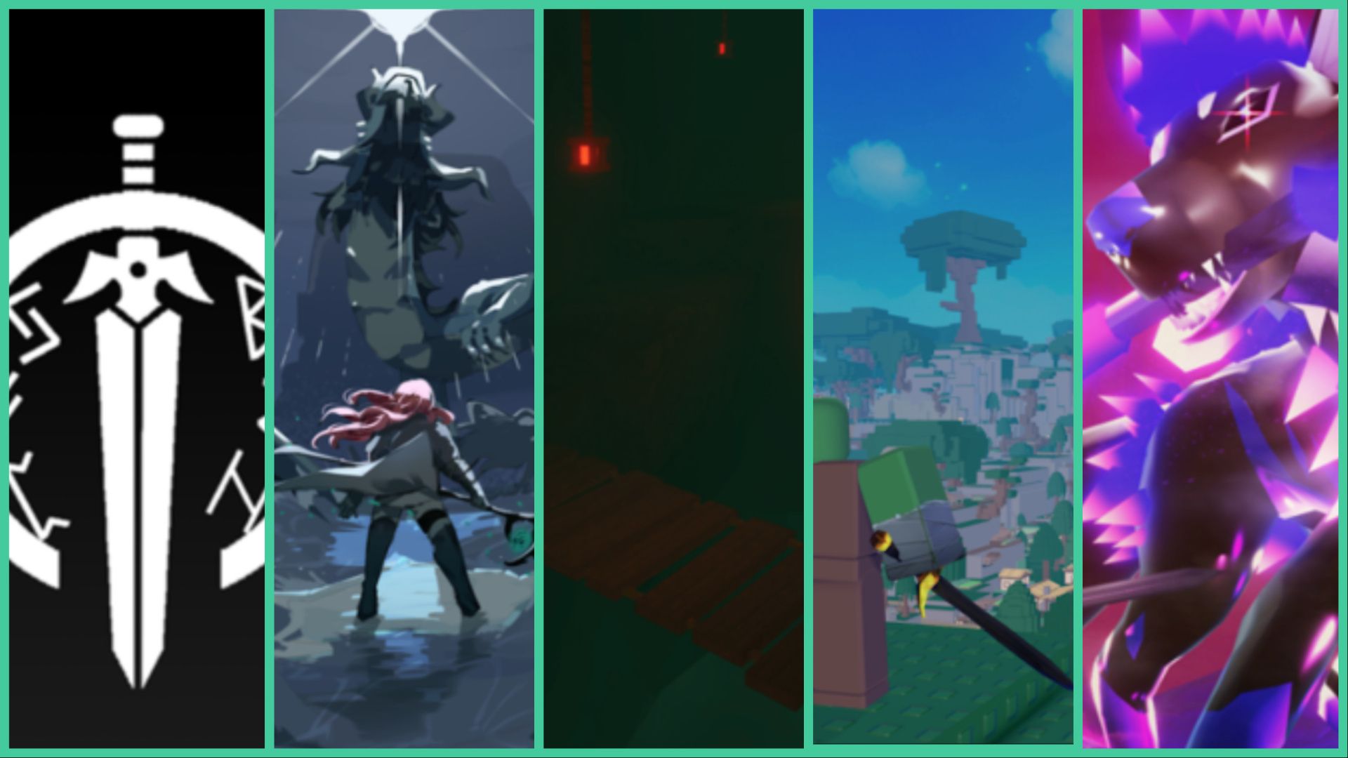 feature image for our best roblox rpgs feature, with a collage of 5 different promo images for 5 roblox rpgs, such as the promo art for arcane lineage of the sword within a circle, a zoomed crop of the promo art for deepwoken of a character holding a weapon while facing a giant dragonlike creature looking up to a floating glowing orb in the sky, a dark cavern with a bridge going across with glowing lanterns in the distance on chains, a view of the open world of shadovia with mountains and trees, and a close up of a wolf boss in swordburst 3 which is glowing from the purple crystals on its body
