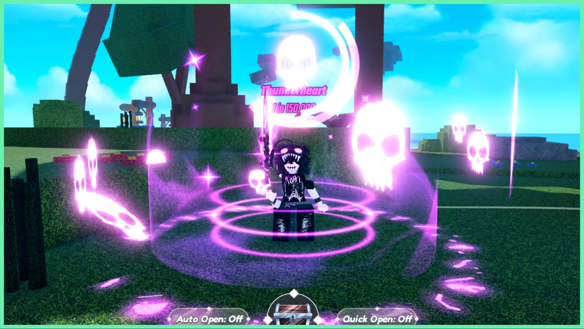 The image shows my avatar during the day wielding a black and purple weapon which emits a purple glow. An aura surrounds my avatar in an AoE which is multiple purple glowing rings and floating glowing skulls which swirl around the entire aura