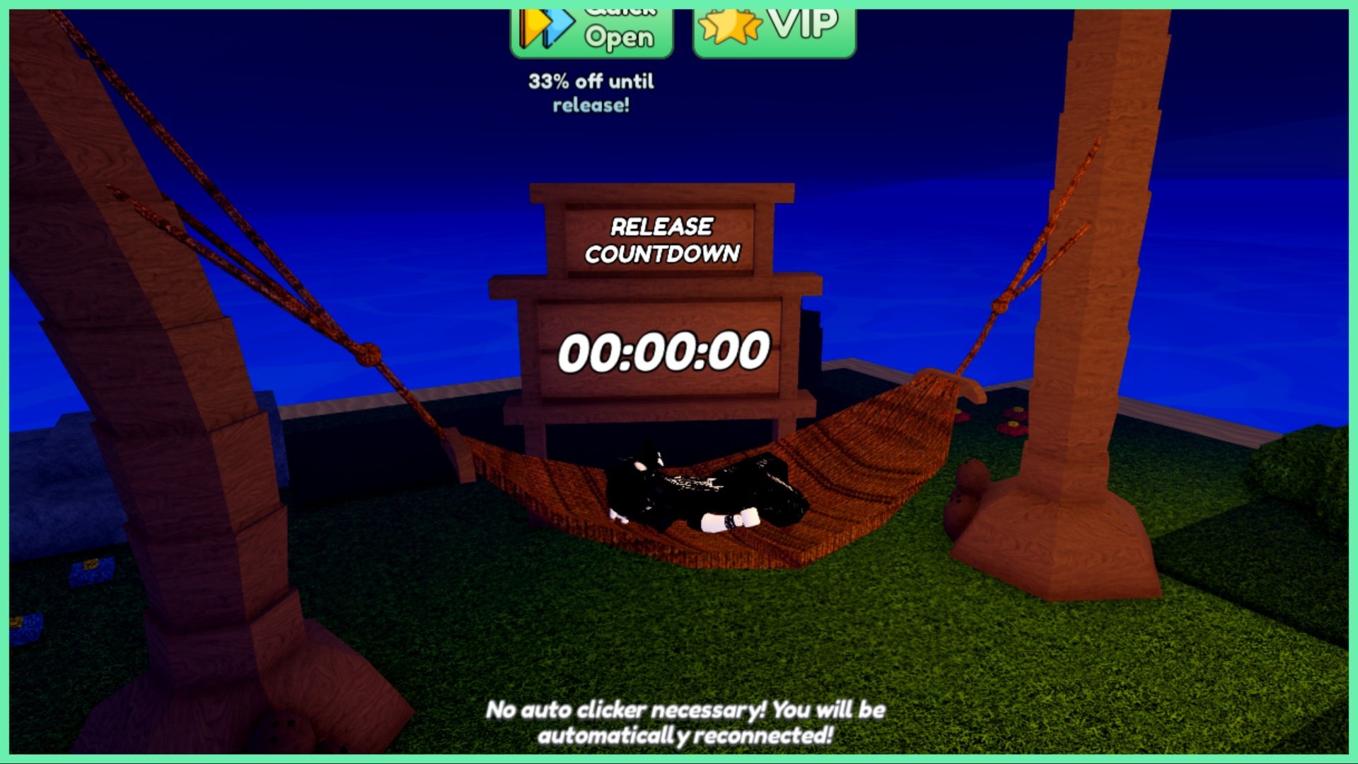 The image shows my avatar lay across a hammock at night time with a wooden board behind her counting down to the launch of the game.