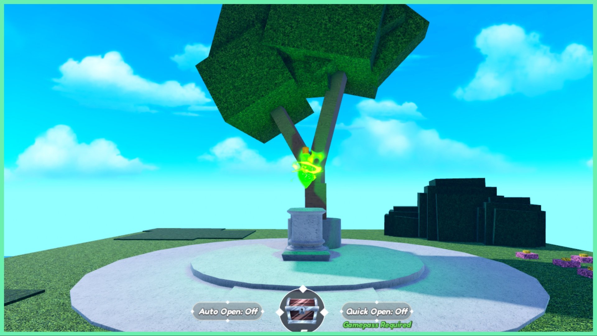 The image shows the end of the parkour with a tree behind a central grey pedestal which has a floating green potion in the centre of the podium. The sky behind is lovely and blue.