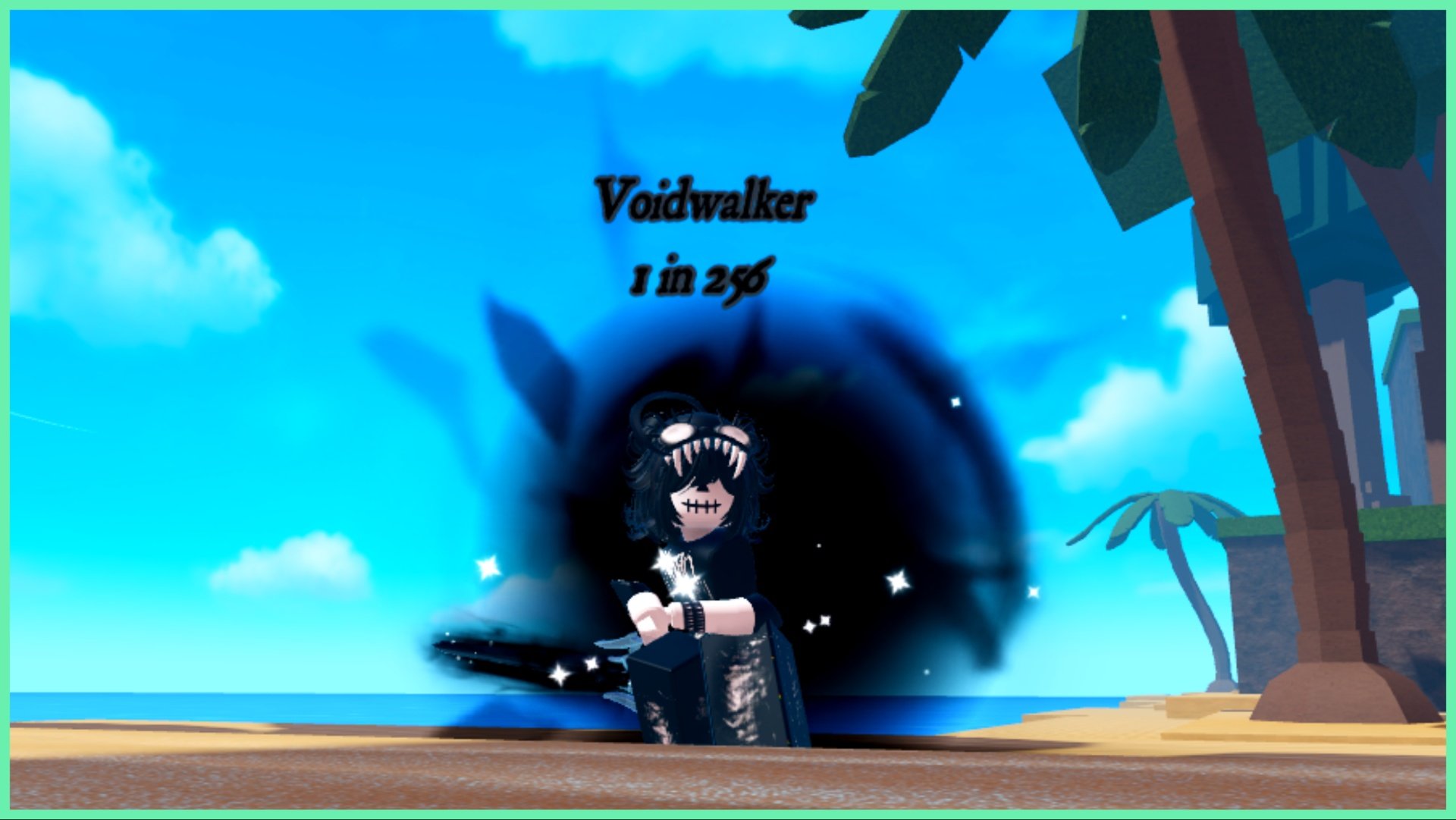 The image shows my avatar in a crouched position with a long dark black blade behind her which emits an ominous black clouded aura. The scenery is very tropical in contrast as she is stood on the maps edge at the beach with sand beneath her and nice blue sky and ocean behind her amongst some palm trees