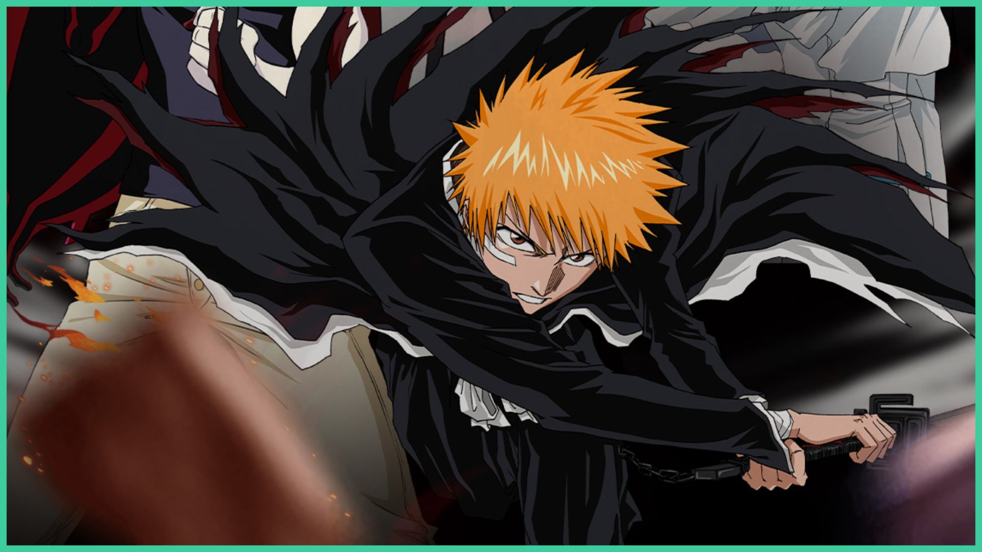 feature image for our bleach soul reaper codes guide, the image features promo art for the game of ichigo from the bleach series as he launches forward with his sword to the side, as he grits his teeth, his cloak flying back