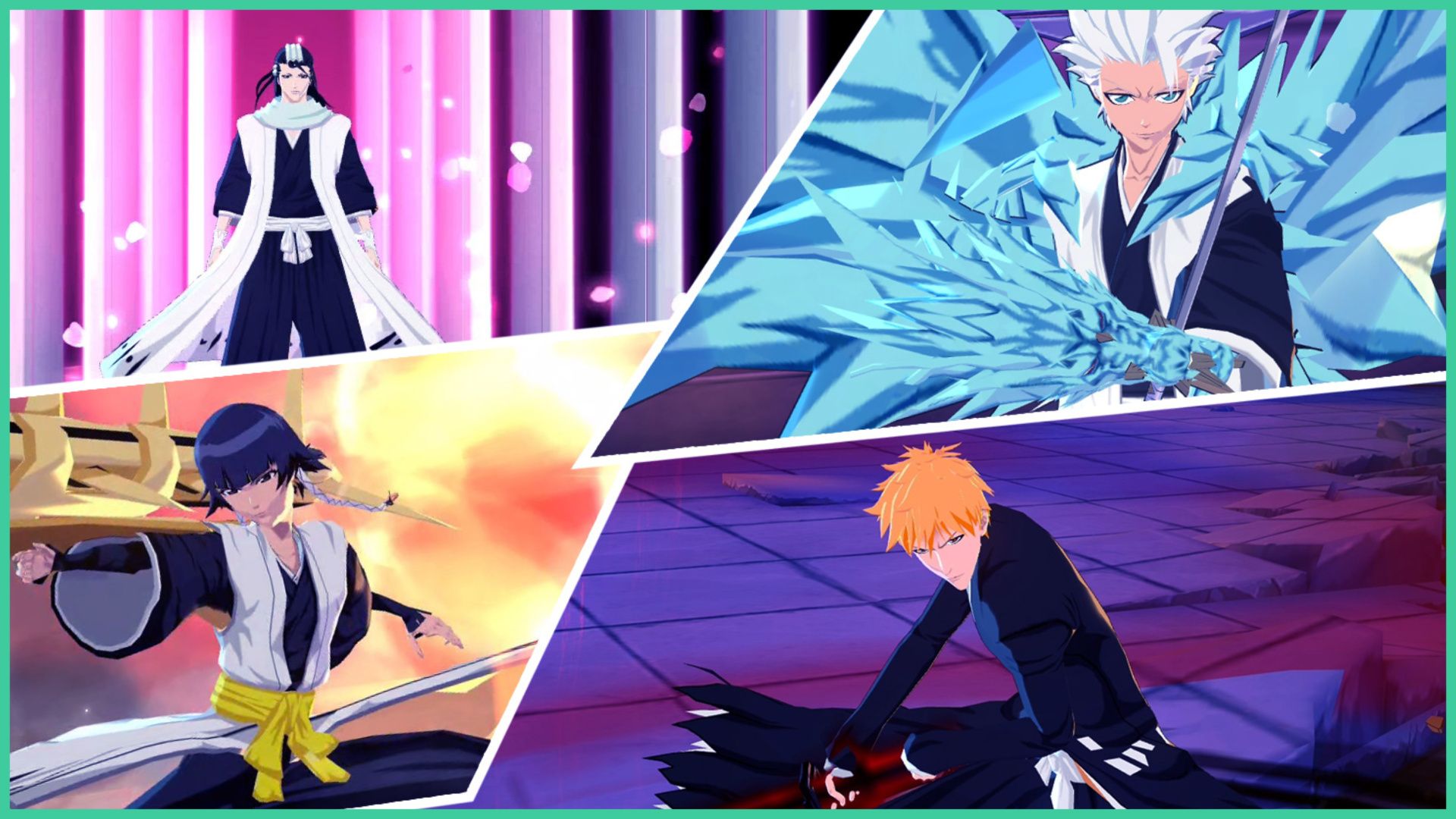 feature image for our bleach soul reaper reroll guide, the image features 4 characters from the game and series, with 3 of them preparing for battle, with each image split into different fragments similar to a comic book