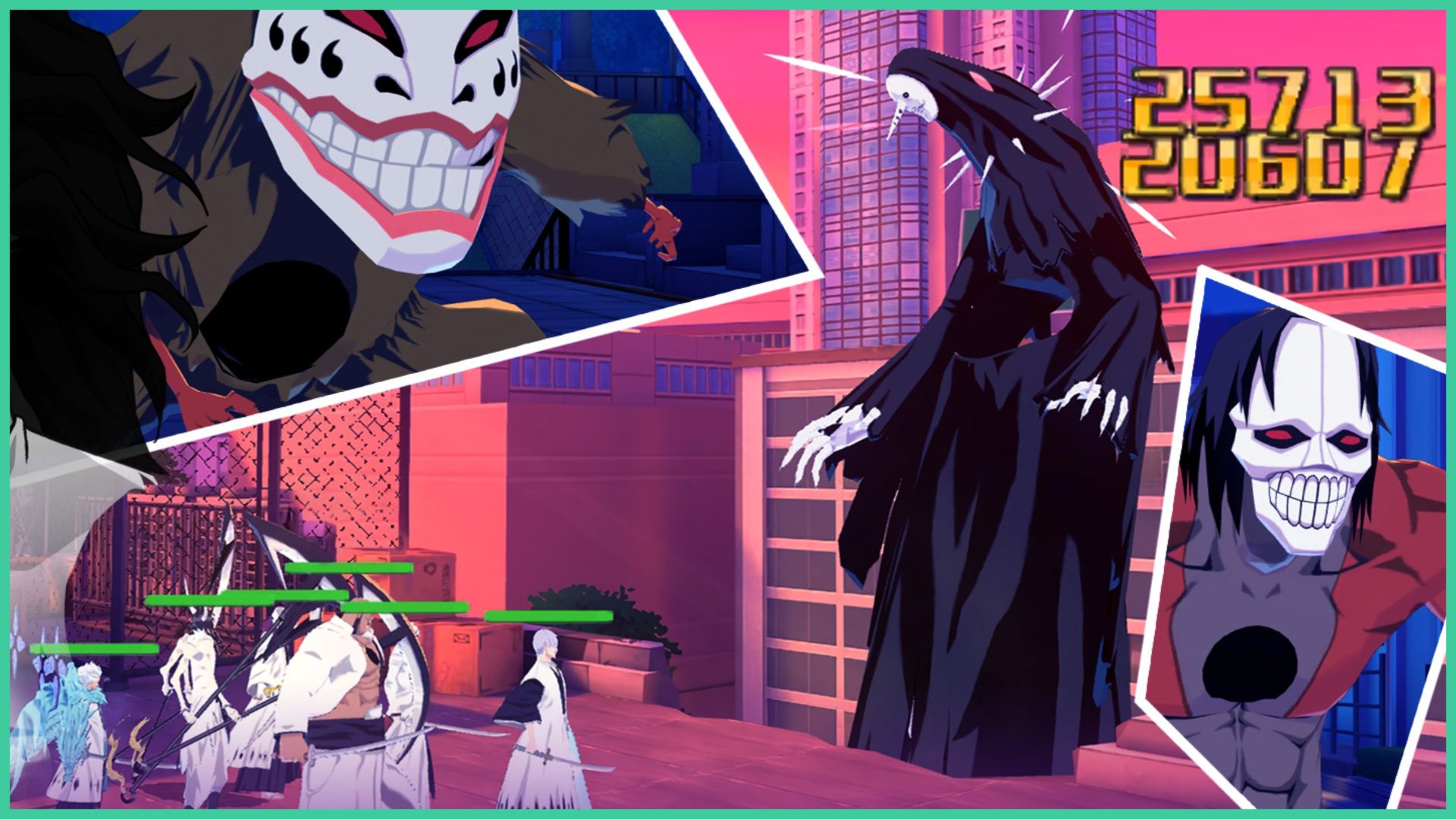 feature image for our bleach soul reaper tier list, the image features a promo screenshot from the game of a giant hollow towering over a group of characters from bleach as they stand on a roof in the city, with tall skyscrapers around them