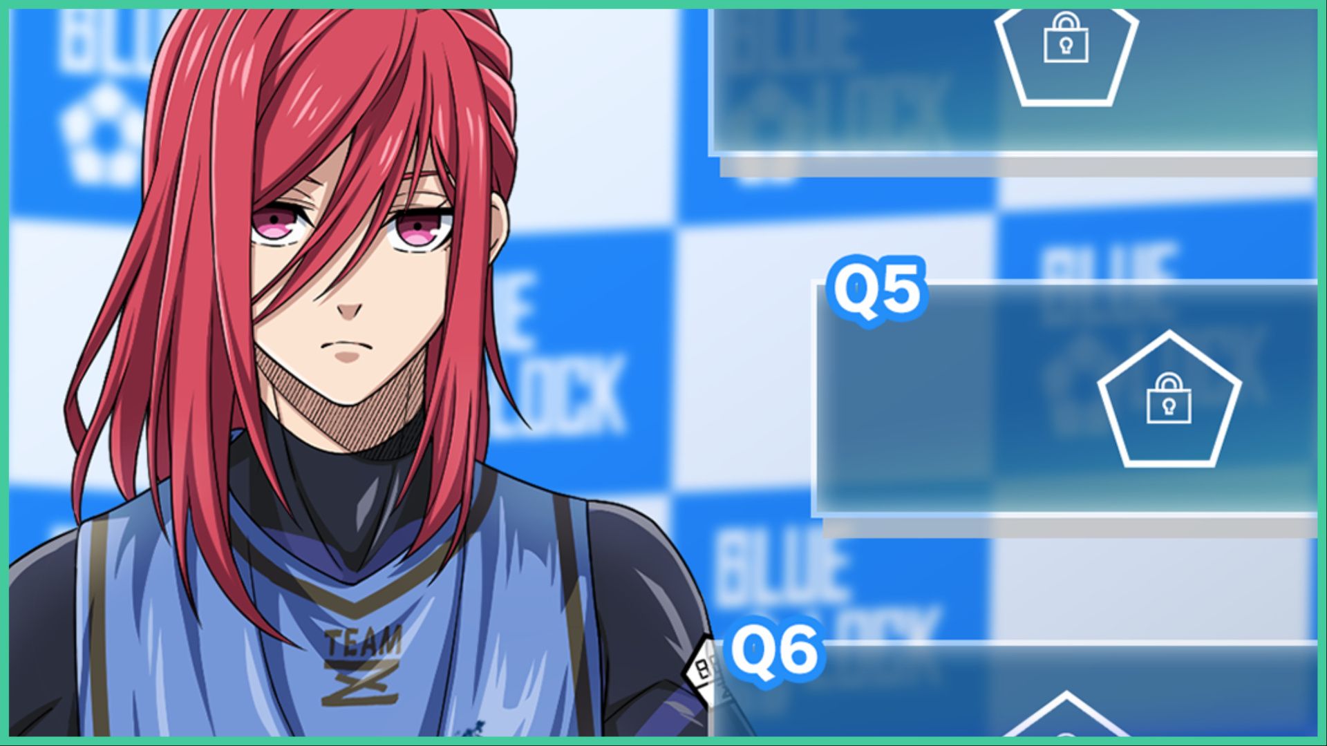 feature image for our blue lock blaze battle codes guide, the image features promo art of chigiri from the blue lock series looking disgruntled, there are empty boxes with the blue lock logo with a padlock inside