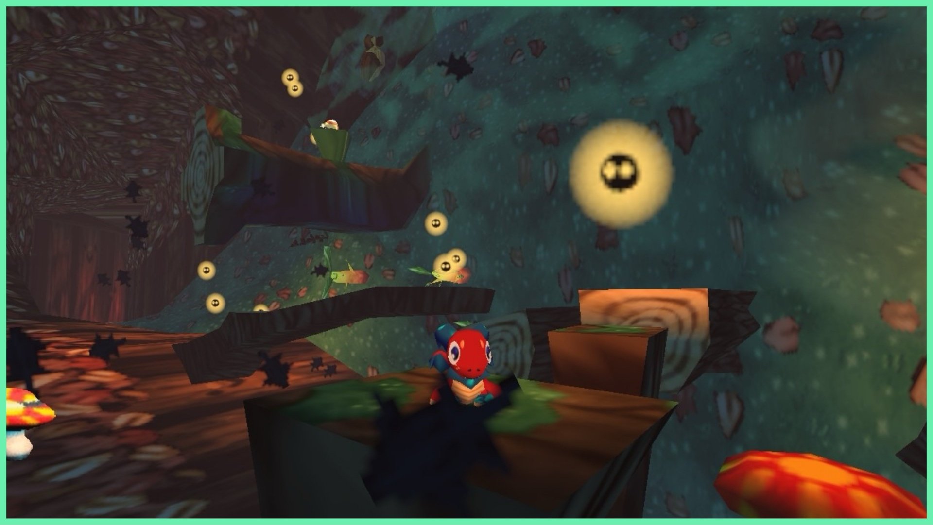 The image shows the red dragon, Fynn sat down in a woodland area with glowing soot sprites floating between trees. The ambience of the screenshot is rather magical with soft golden lighting reaching the wooden platforms