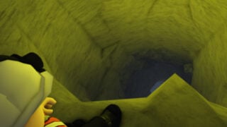 image from claustrophobia, with a roblox character wearing caving gear like a hard helmet and flashlight goggles as they look down a giant hole that leads downwards into the depths below