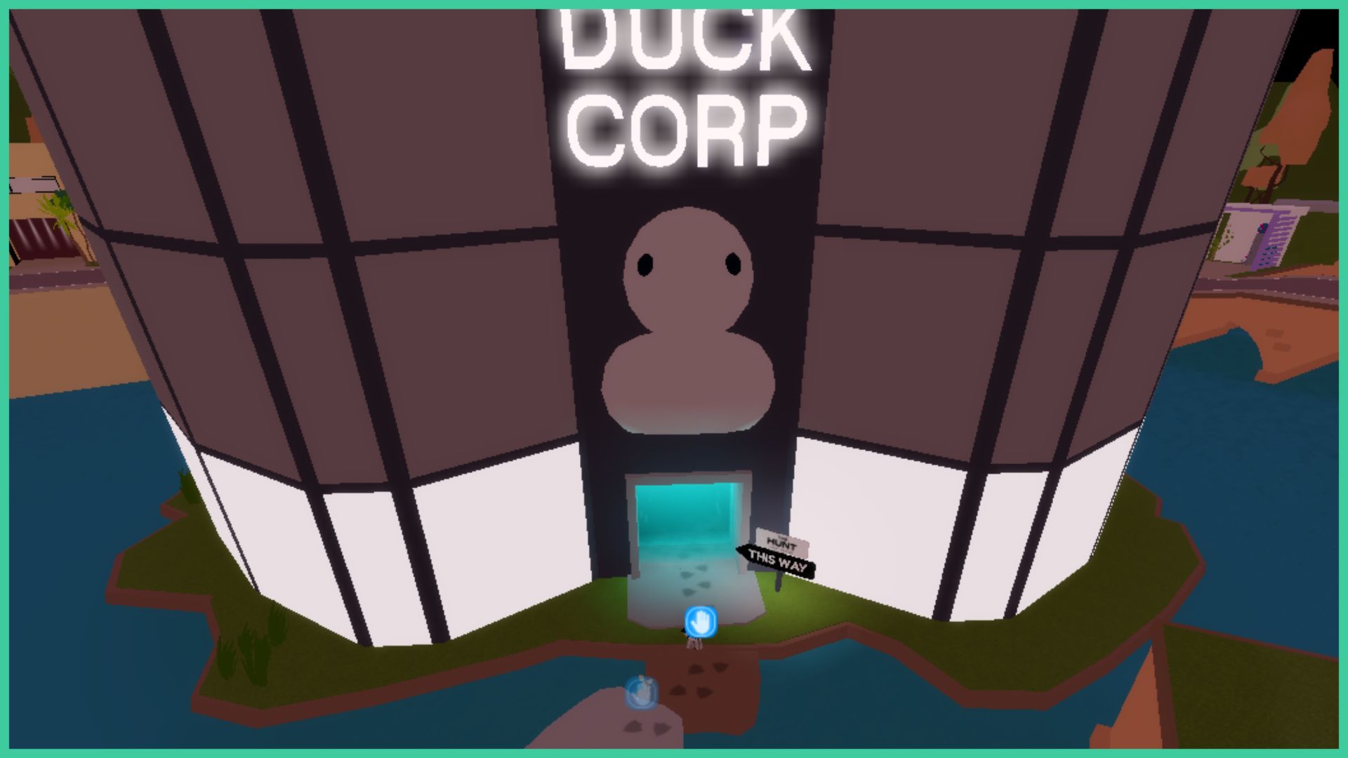 feature image for our club roblox the hunt guide, it's a screenshot of the duck corp building with a large duck on the front with a glowing sign that reads 'duck corp', the building is surrounded by a river of water with large stone steps that lead to the building, the entrance glows blue with a sign to the right that reads 'the hunt this way'