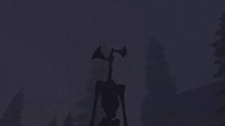 screenshot from the cult of cryptids trailer of siren head standing in a forest, with misty trees in the distance, the filter over the image looks as if it's found footage, siren head is a tall cryptid with long arms and a long torso, with 2 sirens for a head