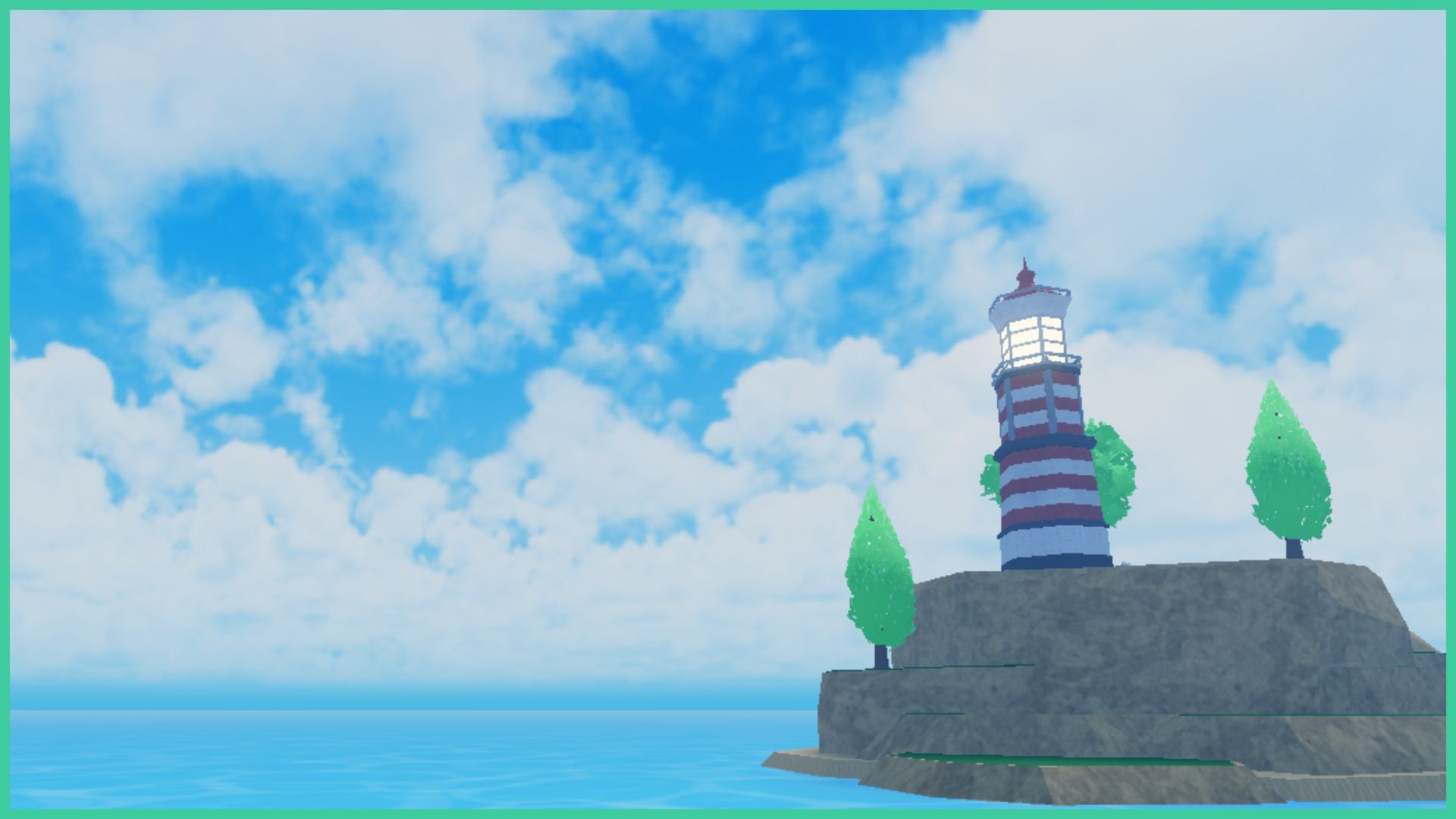 feature image for our cursed sea equipment guide, the image is a screenshot of the light house in the game that is situated on a small rock island in the middle of the ocean as clouds float by in the blue sky, there are also trees on the rocky island on the left of the light house, on the right, and behind it