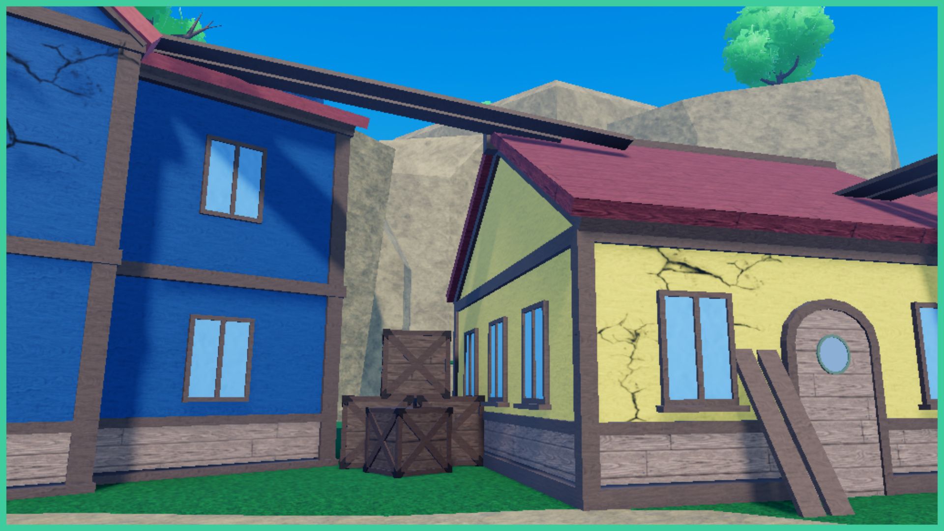 feature image for our cursed sea race tier list, the image is a screenshot of some houses in the first village, with a yellow one on the right and a taller blue one on the left, there are wooden planks resting against the front wall of the yellow house, as well as planks going across the two roofs. and wooden crates on the grass between them