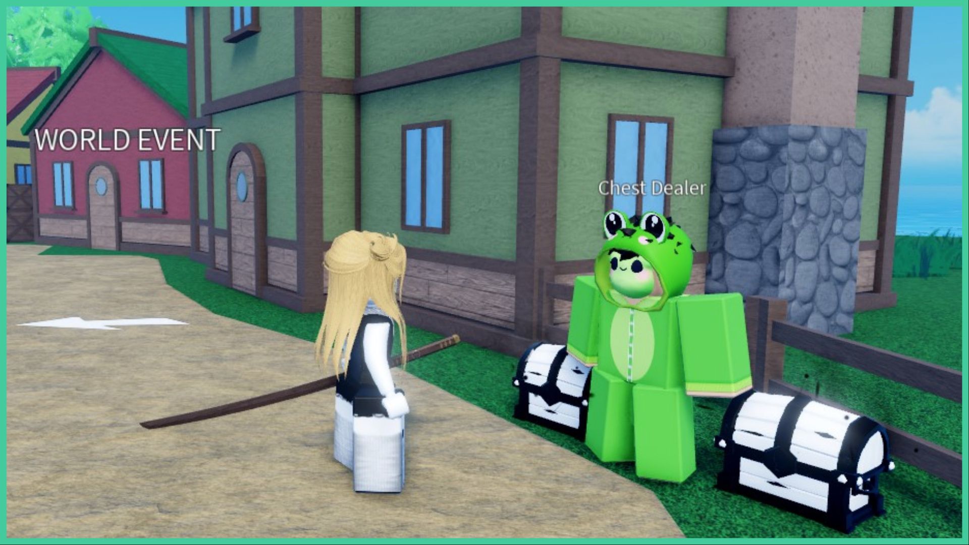 feature image for our cursed sea races guide, the image features a screenshot from the game of a blonde roblox player standing in front of the frog NPC who has two chests on either side of them by some buildings on a dirt path, you can see the ocean stretch out in the distance