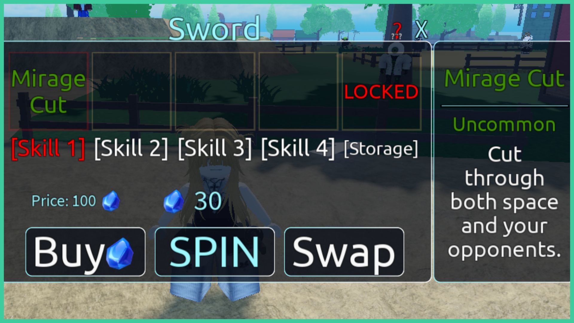 feature image for our cursed sea skills guide, the image is a screenshot of the skills window with the options to buy, spin, or swap skills, there are skill slots, with the left slot taken up by a skill called 'mirage cut' and the skill slot on the right saying 'locked', there is also a description of the mirage cut skill to the right of the window