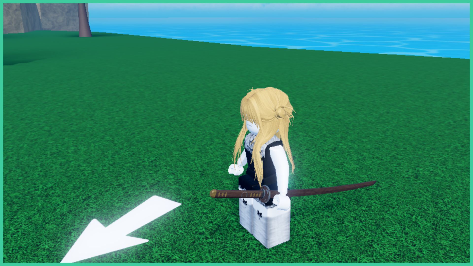 feature image for our cursed sea weapon tier list, the image is a screenshot from the game of a roblox character having a katana sword attached to their hip as they stand on a patch of grass close by to the ocean, there is a white arrow on the ground pointing downward to the left