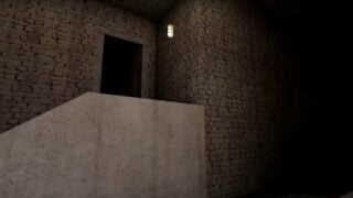 screenshot from dead silence of a staircase that leads to a door of darkness, with a singular light on the stone wall, the area to the right of the staircase is in complete darkness