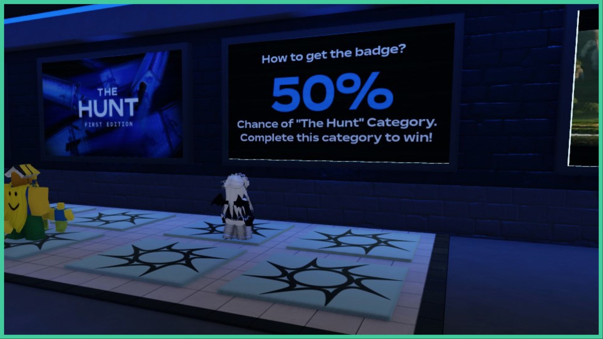 feature image for our deadly decisions the hunt guide, the image features a screenshot from the game of a roblox player standing on the category vote platform while facing the giant screens on the wall to advertise the hunt event, as well as a screen that reads 'how to get the badge? 50% chance of the hunt cateogry, complete this category to win'