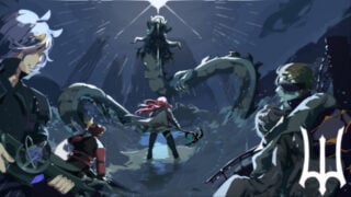 promo image for deepwoken which is a drawing of a group of adventurers who are each holding various weapons such as a gun, scythe, and sword. They are getting ready to attack a giant dragon-looking creature in the distance that is looking up to the sky with a glowing orb above them. they are either standing in water or on the snow, as the wind seems to be blowing debris around