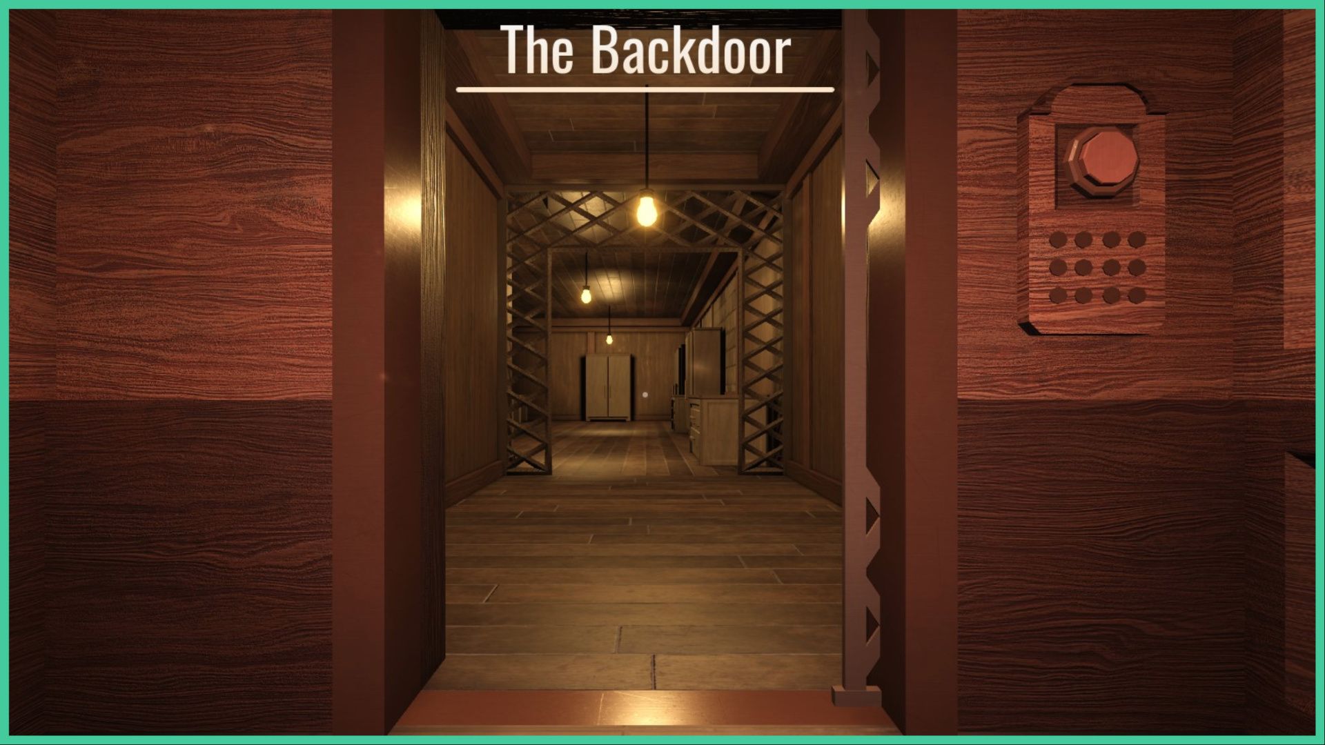 feature image for our doors the hunt guide, the image features a screenshot from the start of the level, from the perspective of a roblox player standing inside a wooden elevator, with a corridor ahead of them, with lightbulbs glowing from the ceiling, multiple closets, and a set of drawers, the level name 'the backdoor' is written at the top of the screen as you load into the level