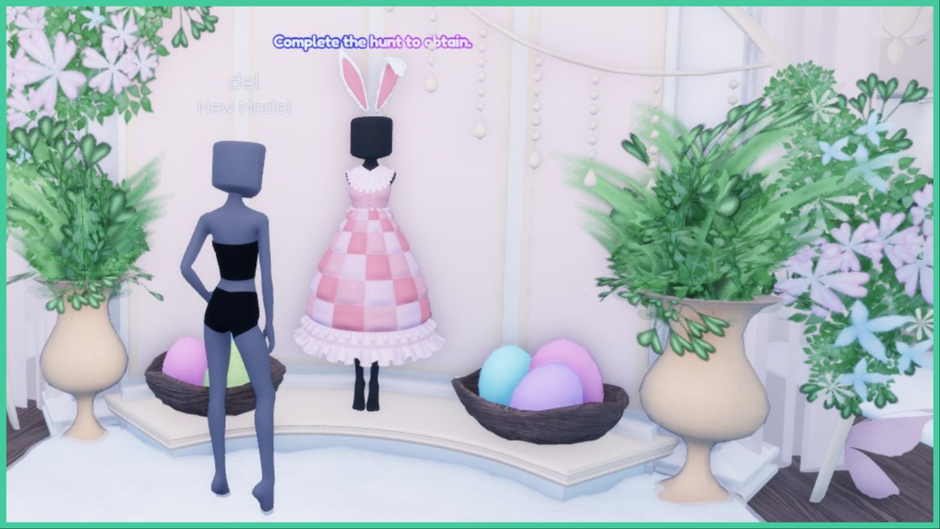 feature image for our dress to impress the hunt guide, the image features a screenshot of a grey silhouette of a tall roblox model in the game, standing in front of the event dress for the hunt, which has a checkered patern, ruffled hem and neckline, and large bunny ears on the mannequins head, there is text above the mannequin that reads 'complete the hunt to obtain', with two easter basket on either side of the mannequin filled with different coloured eggs