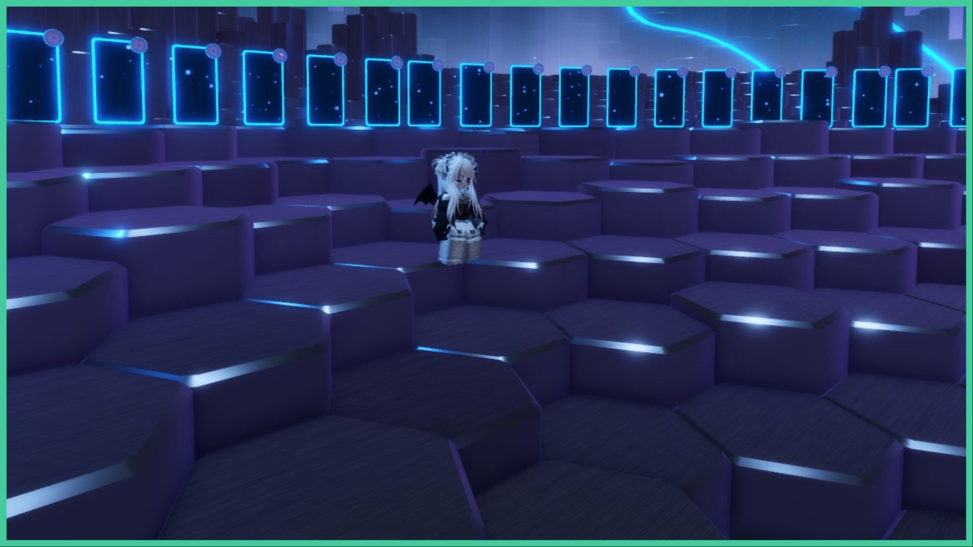feature image for our easiest the hunt badges guide, the image is a screenshot of a roblox player in the Hunt Awaits experience, standing on the hexagonal flooring as multiple doors with glowing blue outlines stretch across the area, there is a cityscape silhouette in the distance