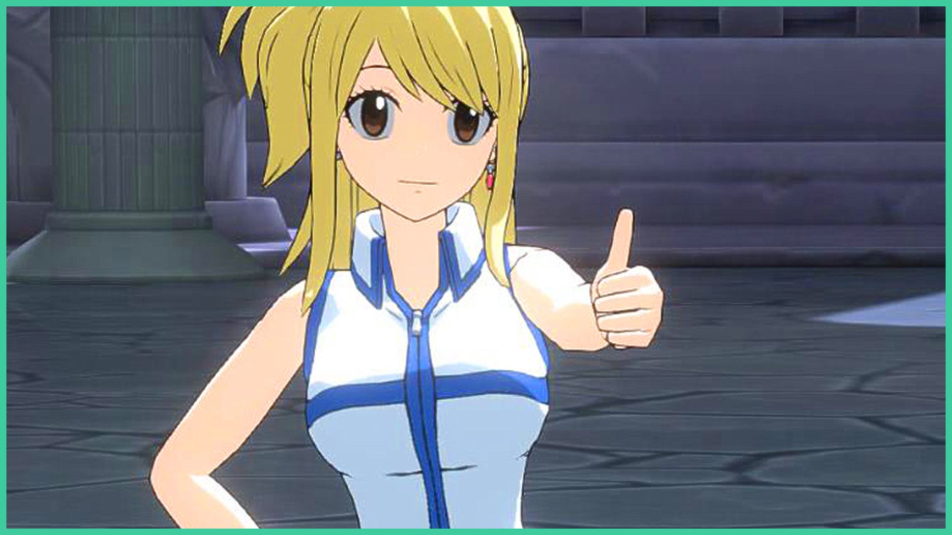 feature image for our fairy tail fierce fight codes guide, the image is a screenshot of a 3D lucy from the fairy tail series smiling as she puts one hand on her hip and the other is held out as she does a thumbs up pose