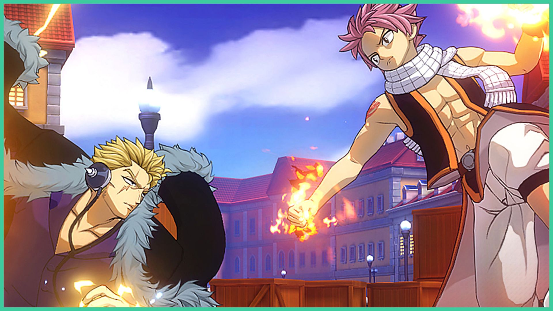 feature image for our fairy tail fierce fight tier list, the image is a screenshot from combat with 2 characters from fairy tail taking part in battle, the character on the right is jumping mid-air with flame fists and a determined expression on his face, as the other is standing on the ground while staring back at him, holding his fist back ready to attack, there are wooden crates behind them as well as a town surrounding them
