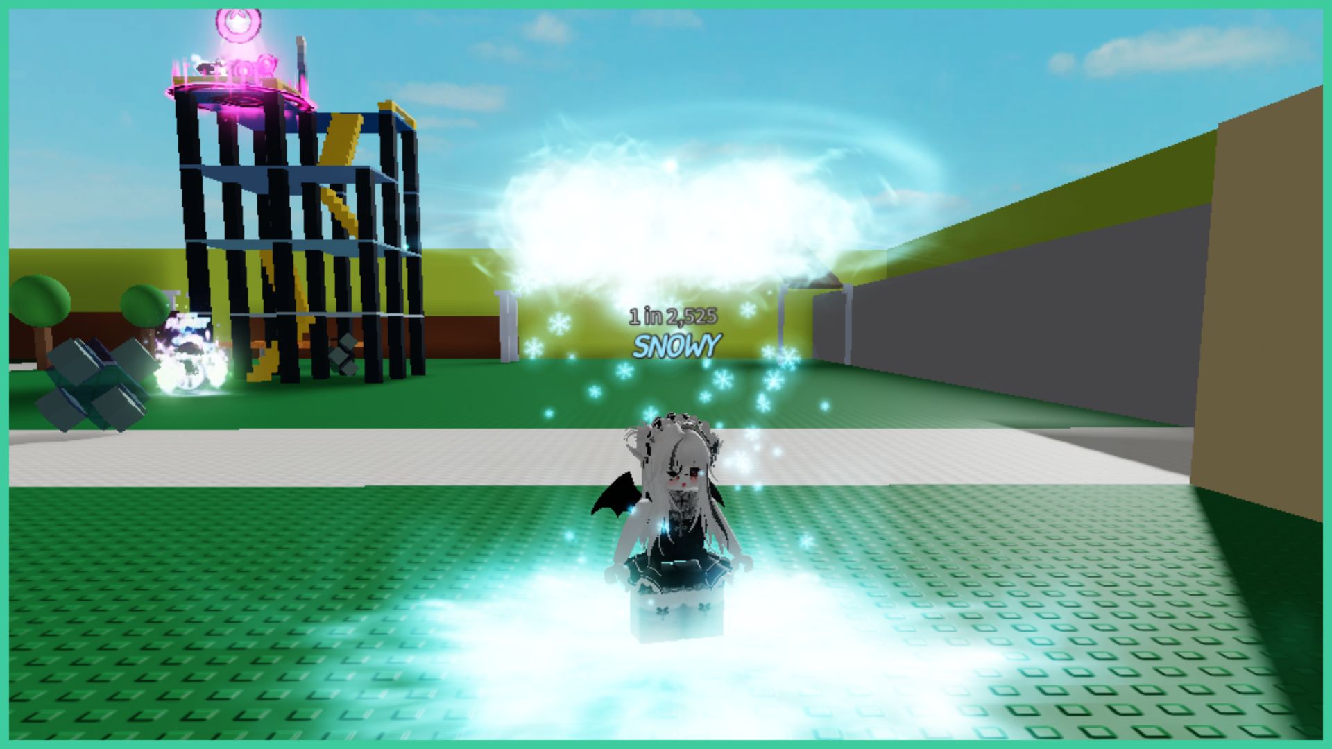 feature image for our hades rng badges guide, it is a screenshot of a roblox player equipped with the snowy aura which as the 1 in 2,525 drop chance written above, there are snowflakes falling down as frost covers the ground below the player's avatar, as well as a misty cloud above their head, there is a climbing frame in the distance with other players standing around, including one standing at the top of the climbing frame