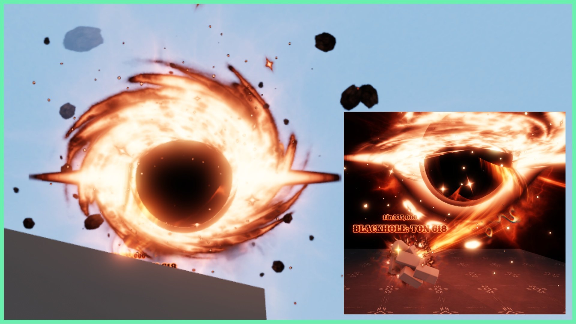 The image shows a bottom up view of the Blackhole aura within Hades RNG during daytime with a grey-blue sky. The aura is spitting debris in its orbit and is a black orb with a swirling hot disc. Off to the side is a PNG addition of the black hole aura on full display including a dummy to test how the aura looks on an avatar