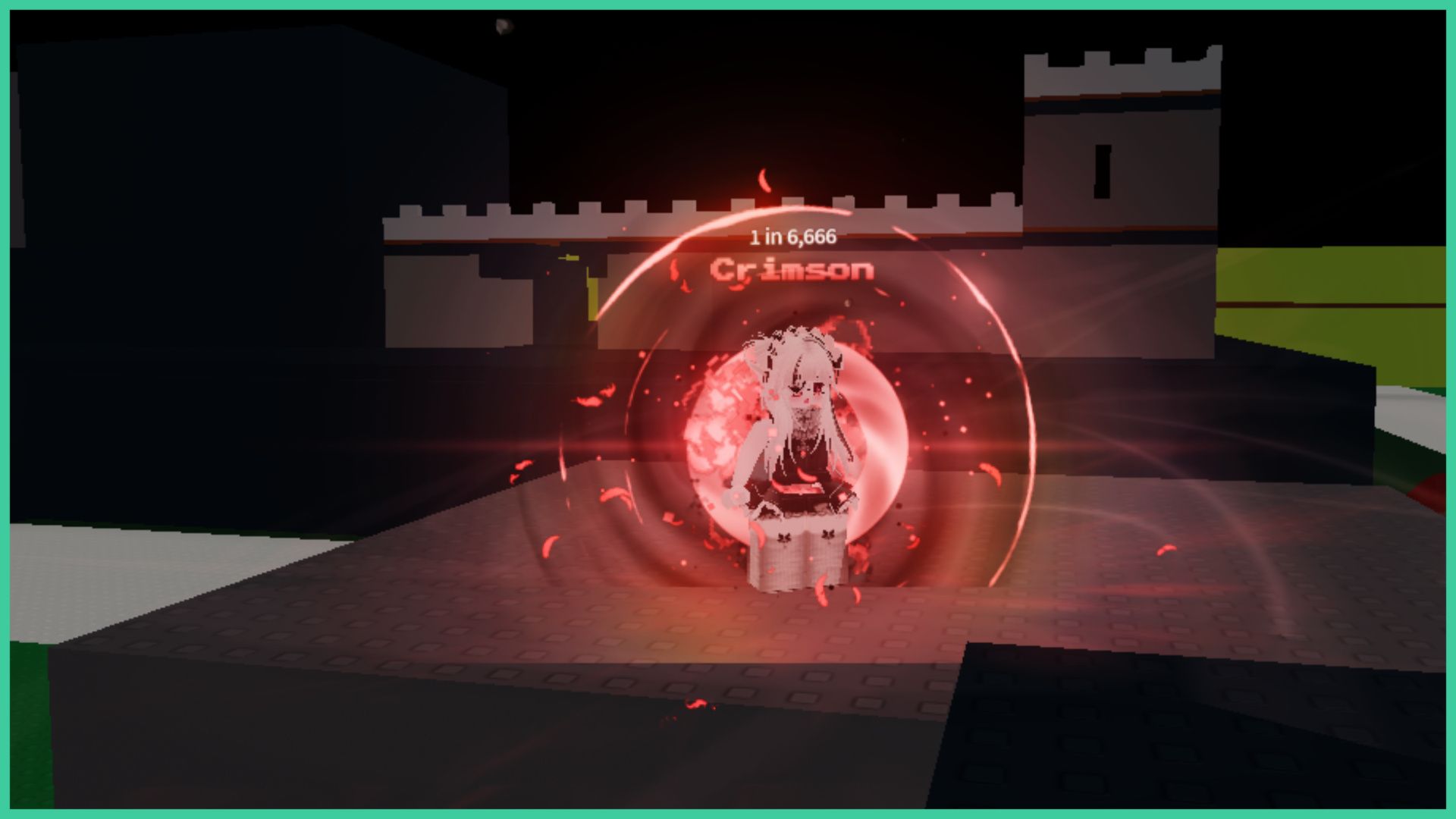 feature image for our hades rng codes guide, the image features a screenshot from the game of a player with the crimson aura equipped as they stand on a grey platform with a castle behind them, the crimson aura has pixelated fire and a glowing red circle around the avatar with the words '1 in 6,666 crimson' above