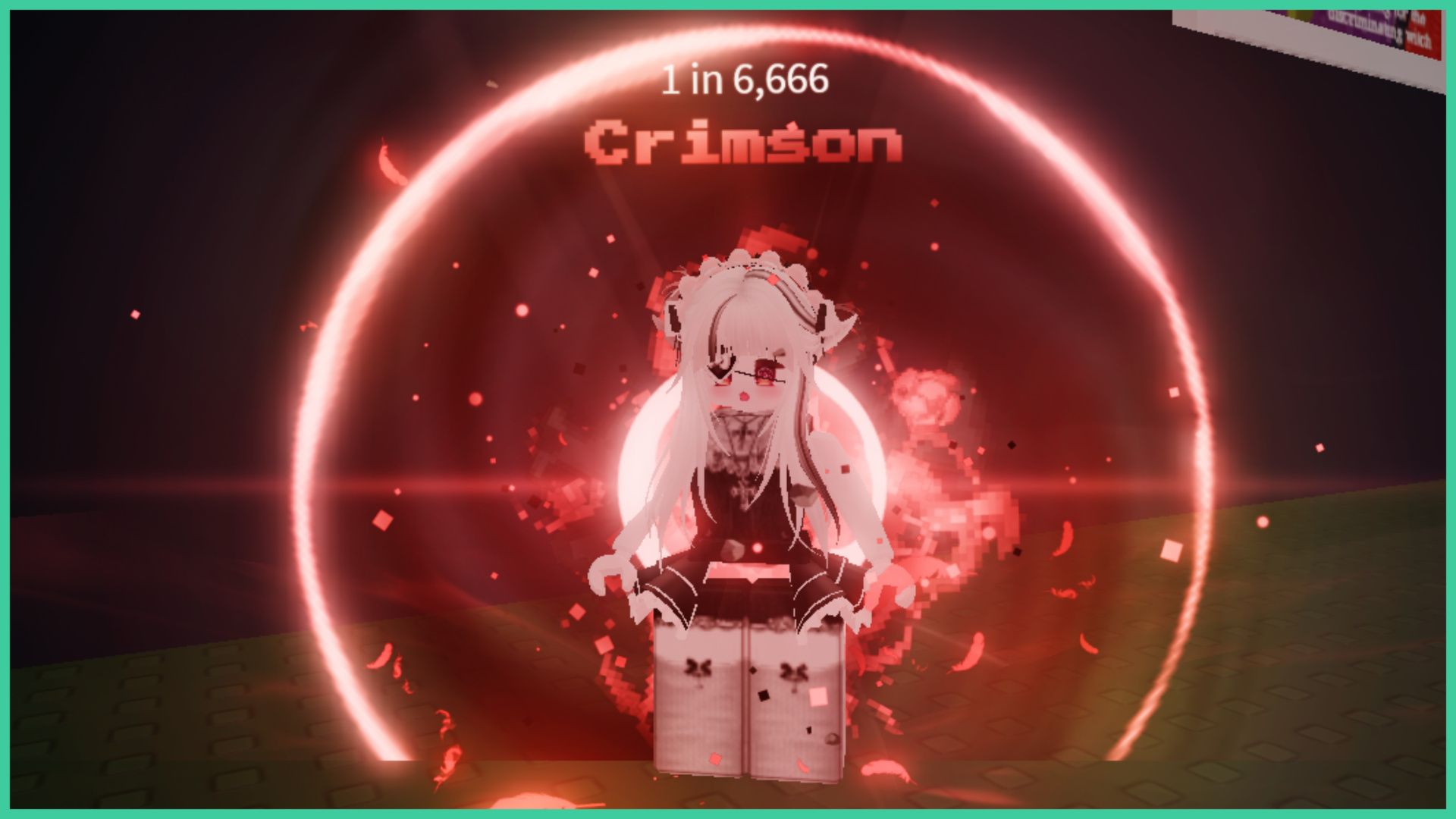 feature image for our hade's rng combat guide, the roblox player has the crimson aura equipped, with the word 'crimson' in a red pixelated font and '1 in 6,666' above it, the aura has a glowing red ring around the avatar, with pixelated smoke, and red and black debris flying around