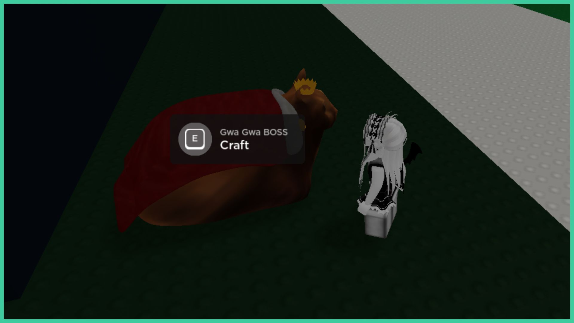 feature image for our hade's rng crafting guide, it's a screenshot of a roblox player standing in front of a giant orange cat wearing a cape and crown called gwa gwa with a prompt that reads 'gwa gwa boss, press E to craft'