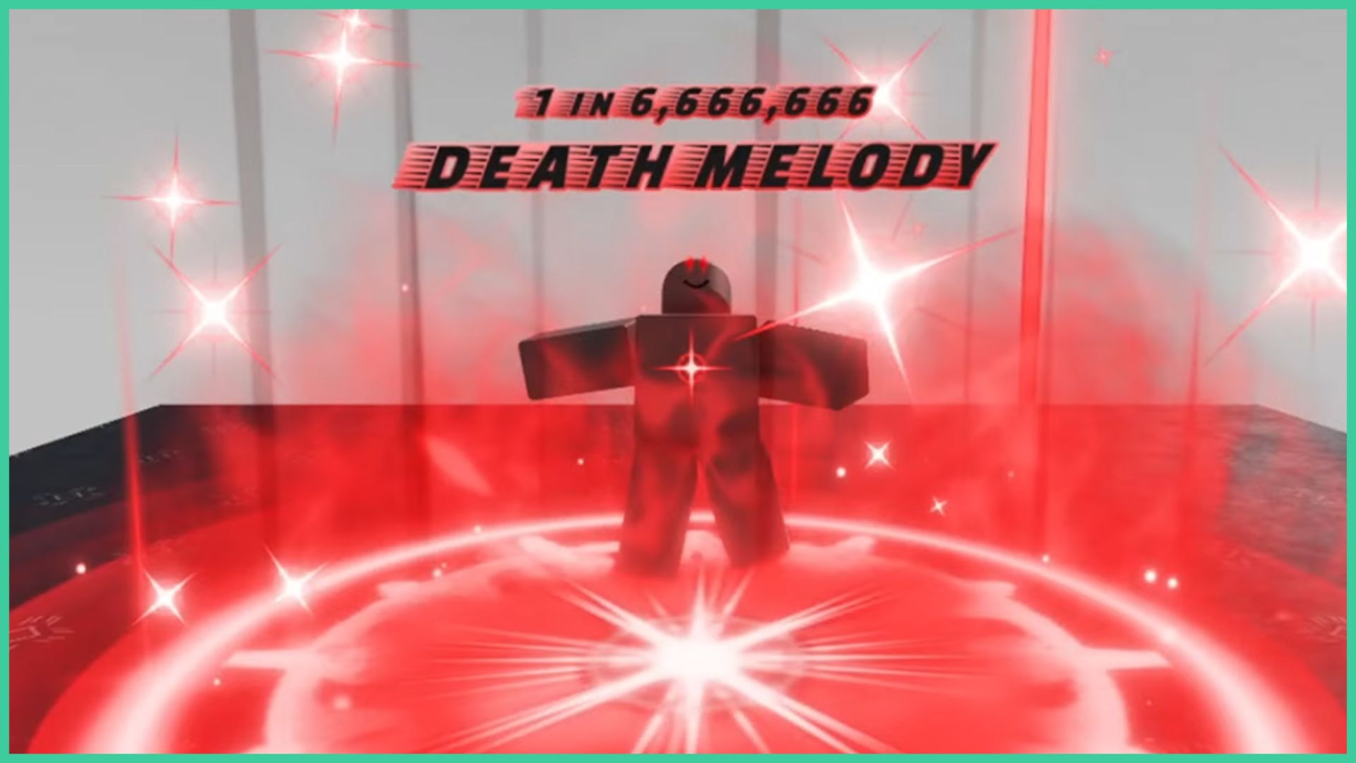 feature image for our hades rng death melody guide, the image is a screenshot of the death melody aura which has a large red circle on the ground as the player floats in the air with glowing red eyes, there are stars around them and beams of light as the avatar has a glowing star on their chest