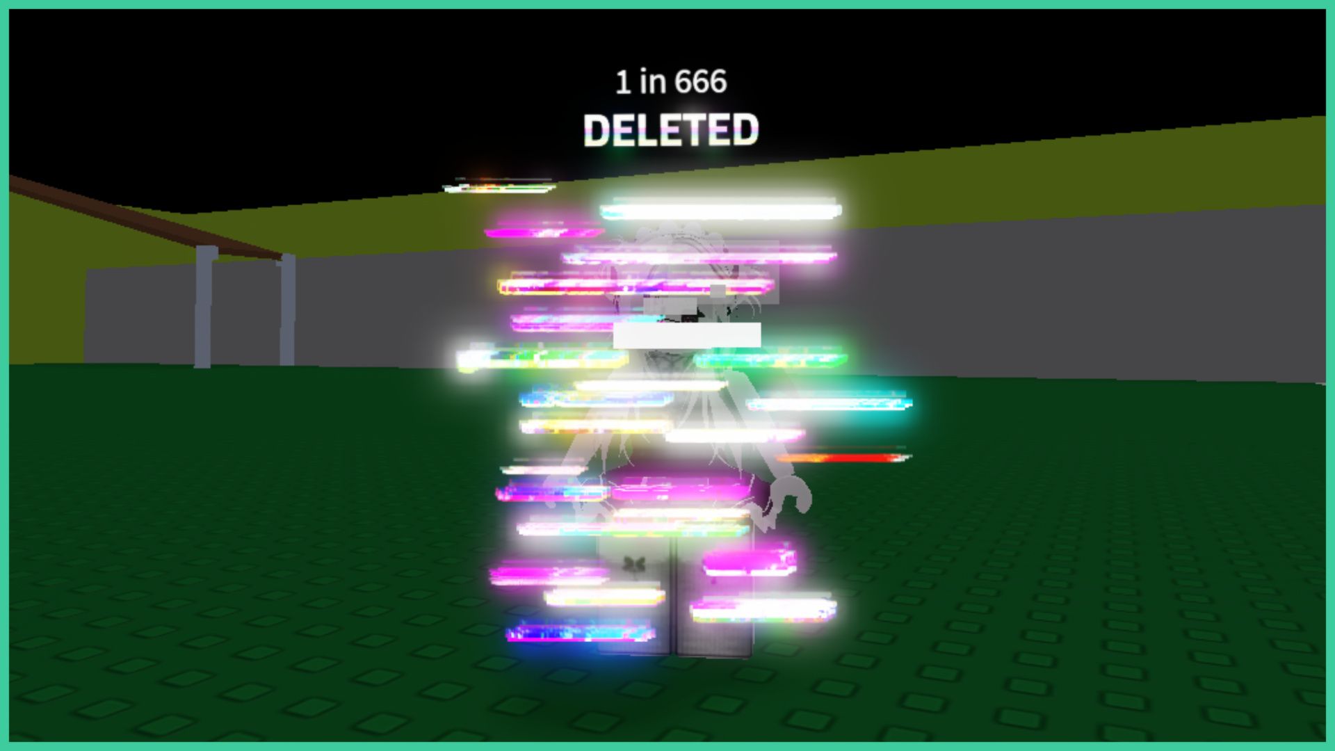 feature image for our hade's rng rarest auras guide, the aura the roblox player is wearing has a glitched effect, with multiple lines across them that look like pixelated sections of multiple colours, the name of the aura is above the player which says 'deleted 1 in 666'