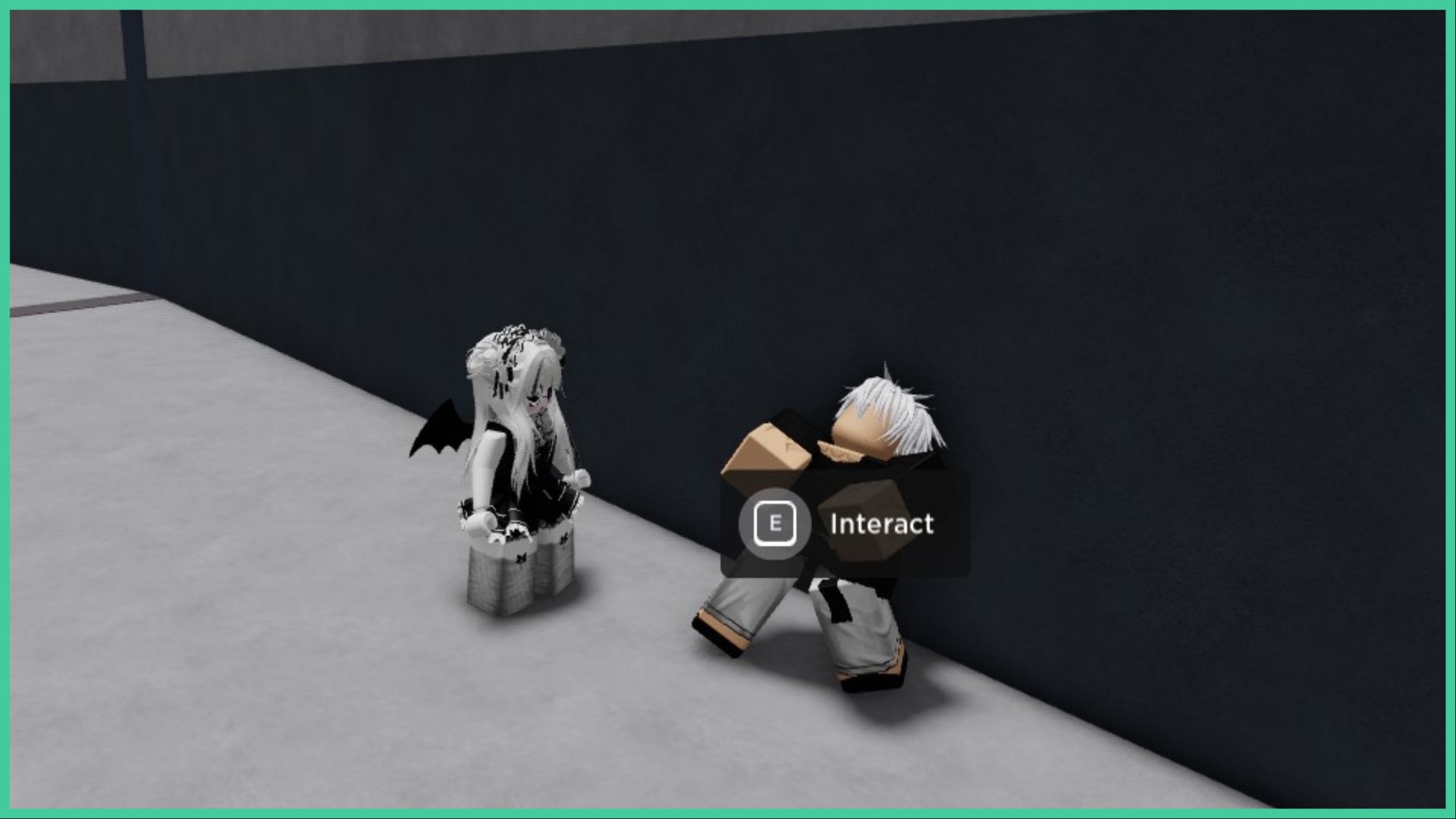 feature image for our heroes battlegrounds gojo guide, the image features a screenshot of a roblox player standing with the gojo npc who stands next to the wall with no face