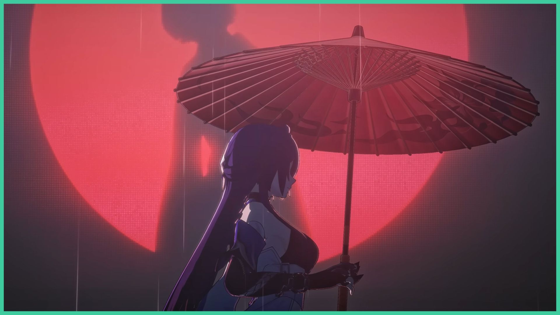 feature image for our honkai star rail acheron tier list, it's a screenshot from acheron's character trailer, as she walks to the right while holding a parasol, with a glowing red circle on the wall behind her with the silhouette of a body as the rain falls