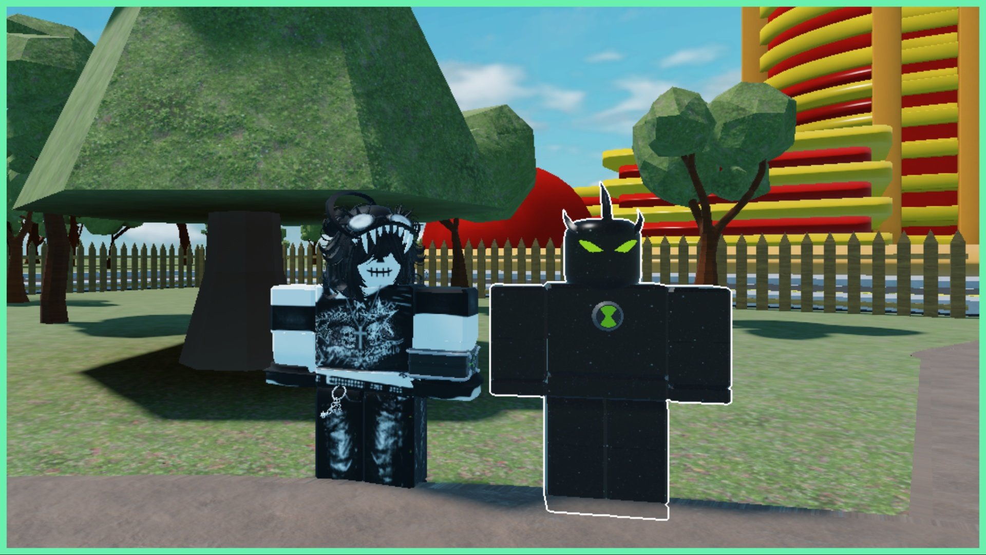 The image shows my avatar stood beside alien x from omini x in the spawn lobby of the game next to the billions building. Beside the two characters are trees and greenery during daytime