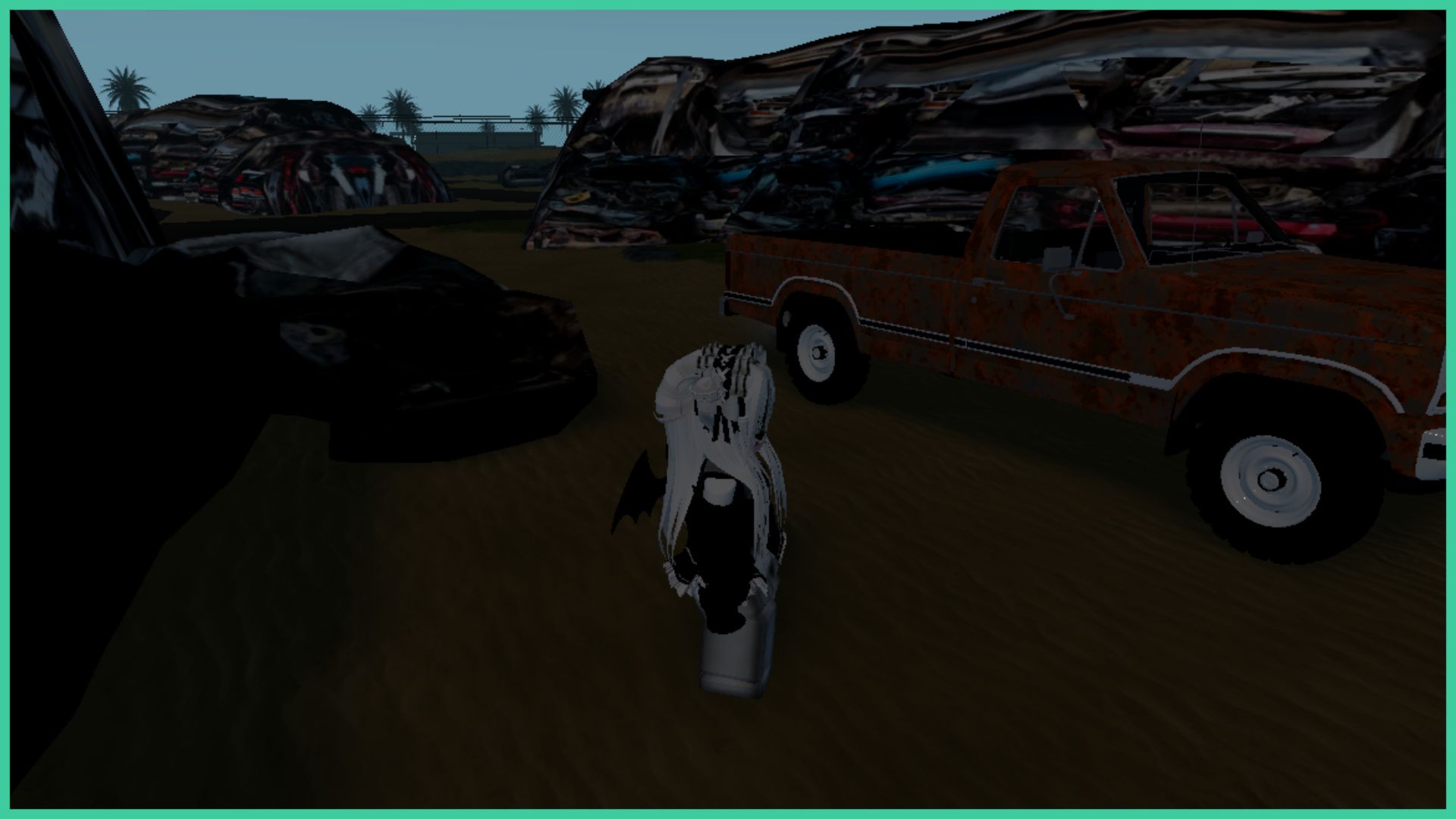 feature image for our mechanic legends codes of a roblox player standing by an old car at the junkyard, as piles of crushed metal are scattered
