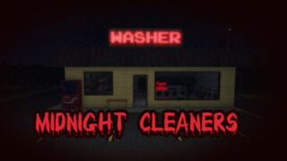 promo image for midnight cleaners, with a small laundromat in the middle of nowhere with a vending machine and bench outside and a 'open 24 hours sign' the game's logo is in a font that looks like dripped blood as a giant neon sign on the roof of the building reads 'washer'