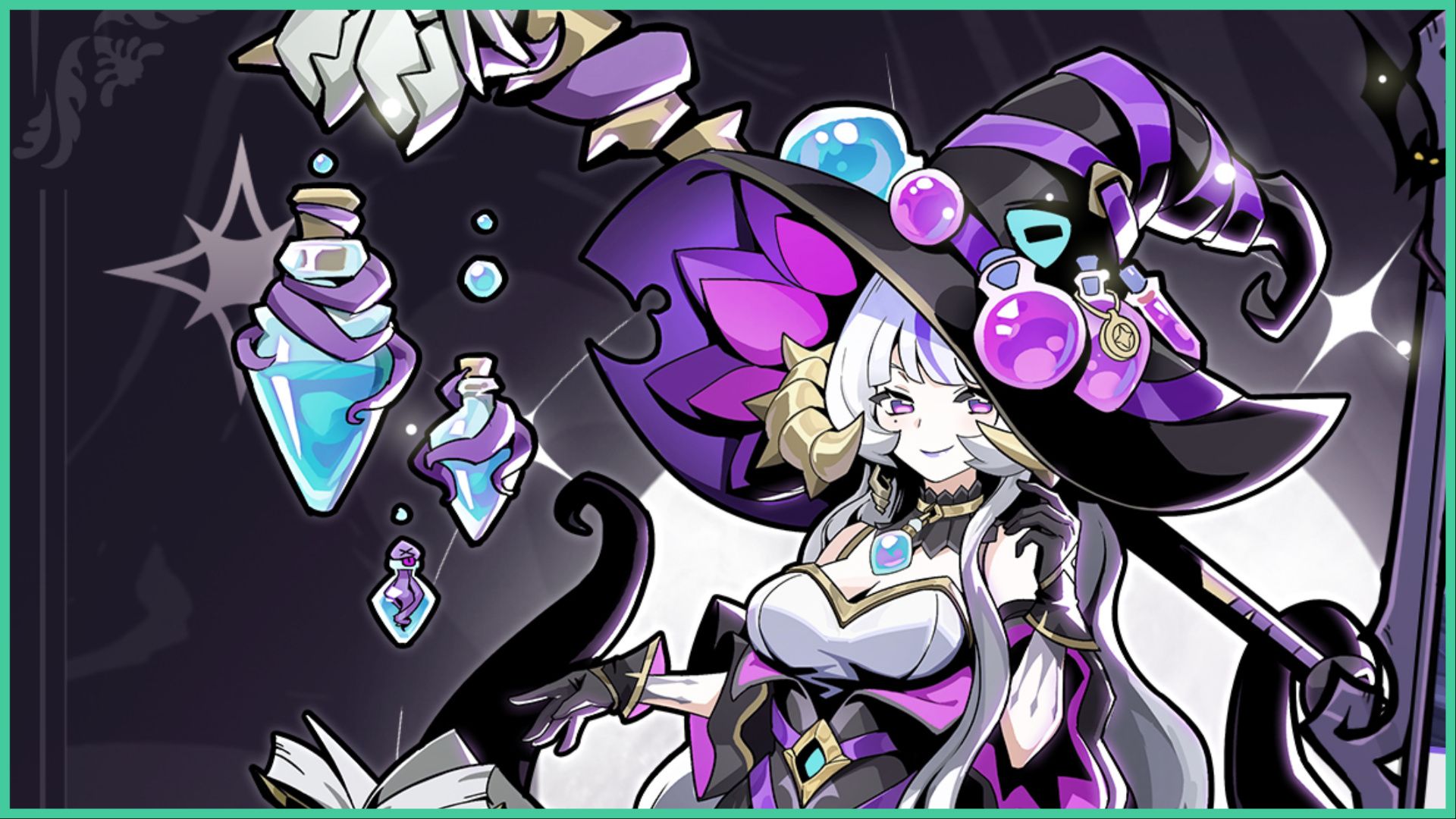 feature image for our monster never cry codes guide, the image features promo art of a witch themed female character who is wearing a large witch hat with various potions attached to it, she has a floating open book by her, and floating potions with bubbles coming out of them as a magical staff is behind her with a bat to the right
