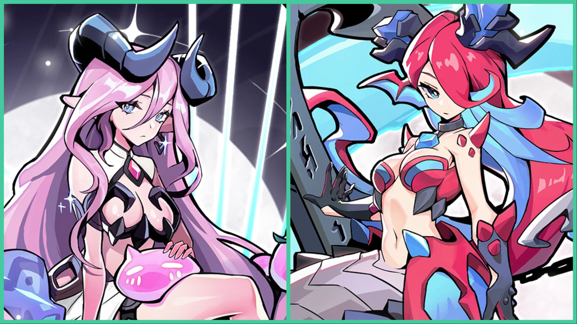 feature image for our monster never cry tier list, the image features 2 promo drawings of 2 obtainable female characters, the character on the left has devil horns and long pink hair while a cat shaped slime sits on her lap as she holds it, the character on the right is a mermaid-serpent hybrid, with a tail, scales, and horns as a metal anchor appears to her right with water behind her