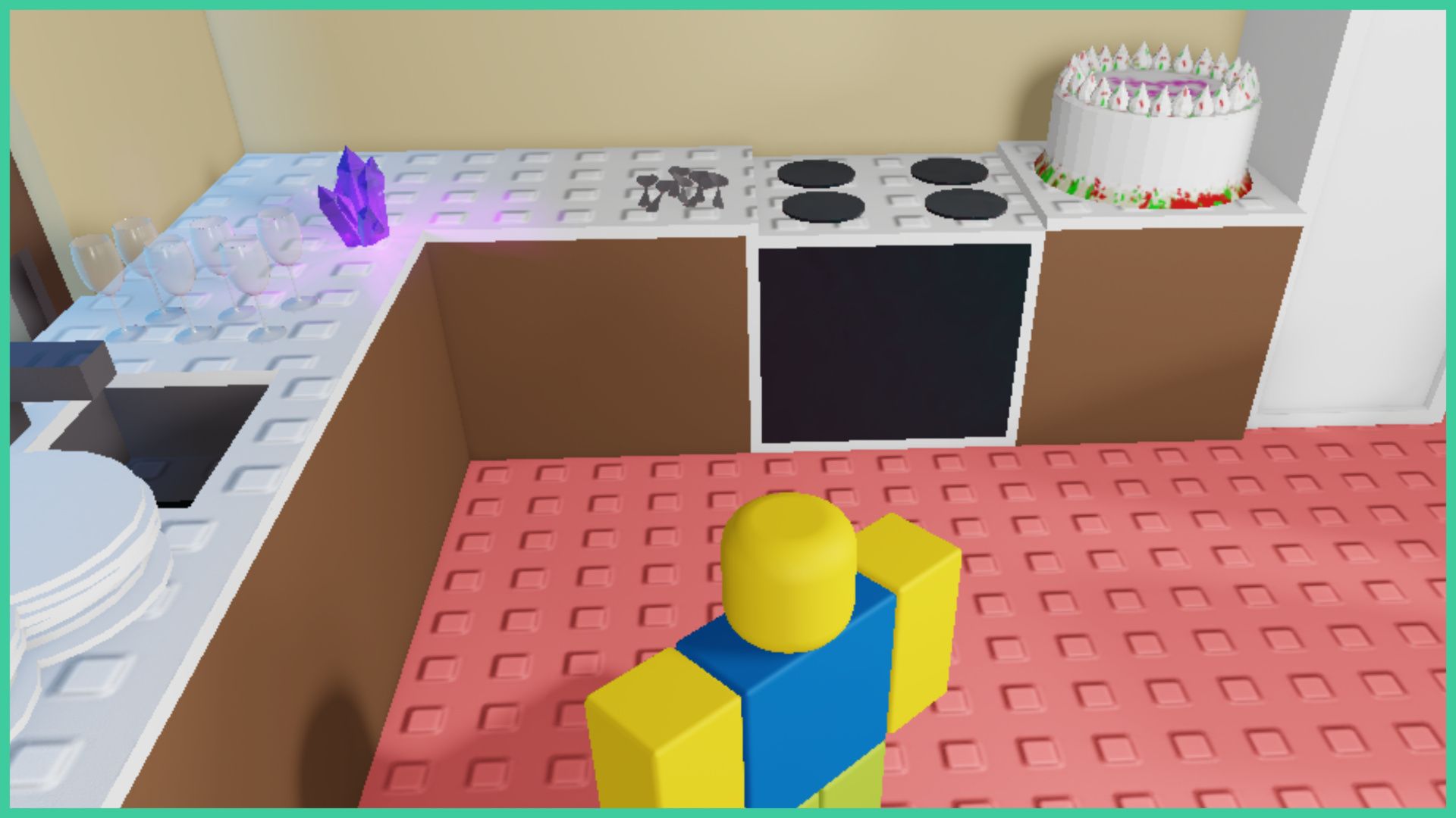 feature image for our need more friends the hunt guide, the image is a screenshot of a roblox avatar standing in a kitchen by the counter, with plates stacked up, a sink, a birthday cake to the right, an oven with hobs, and wine glasses. There is also a glowing purple crystal on the counter