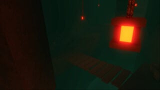 promo screenshot from pilgrammed of a dark cavern with a wooden bridge closing the gap between two stone ledges with a very steep drop below, the area is slightly lit up by glowing lanterns that are suspended from the roof
