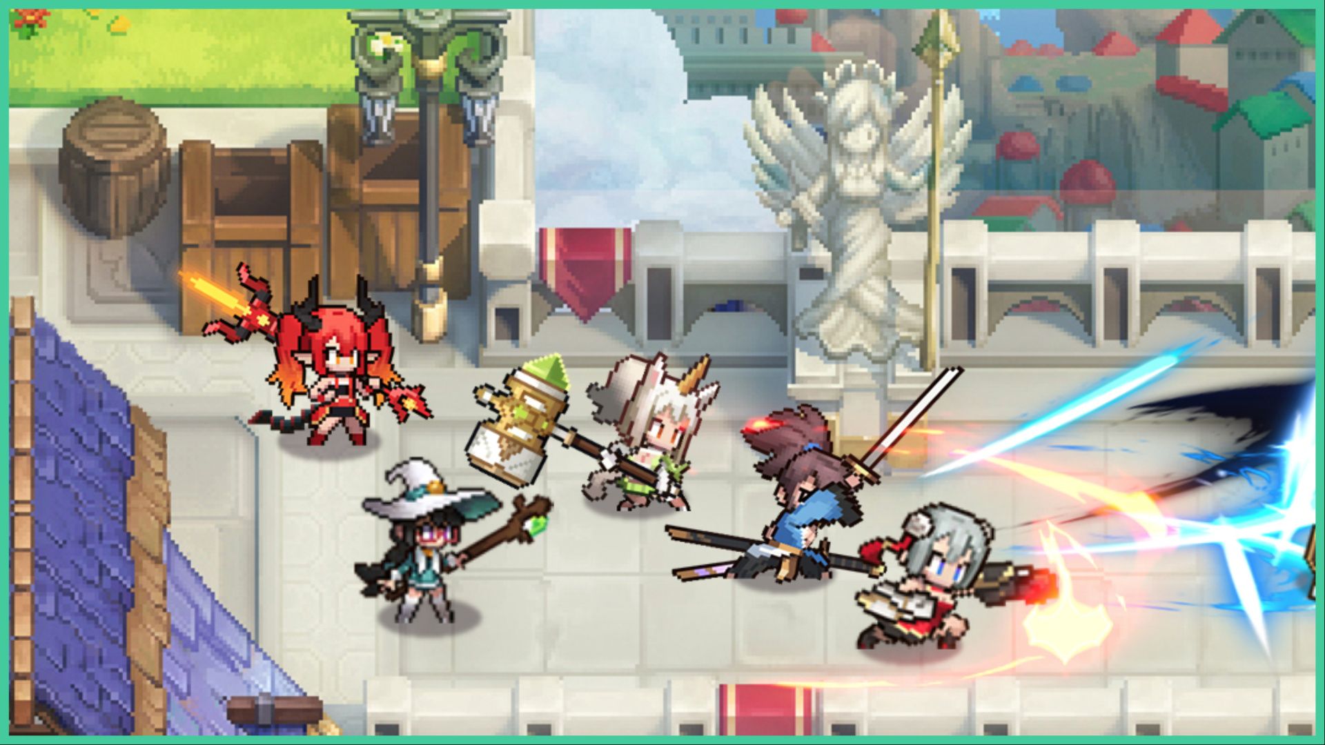 feature image for our pixel heroes codes guide, the image features a promo screenshot of the game with 5 pixel sprites holding various weapons like a large hammer, a wooden staff, and swords, battling against enemies on a stone bridge above the city with a stone statue of an angel holding a spear