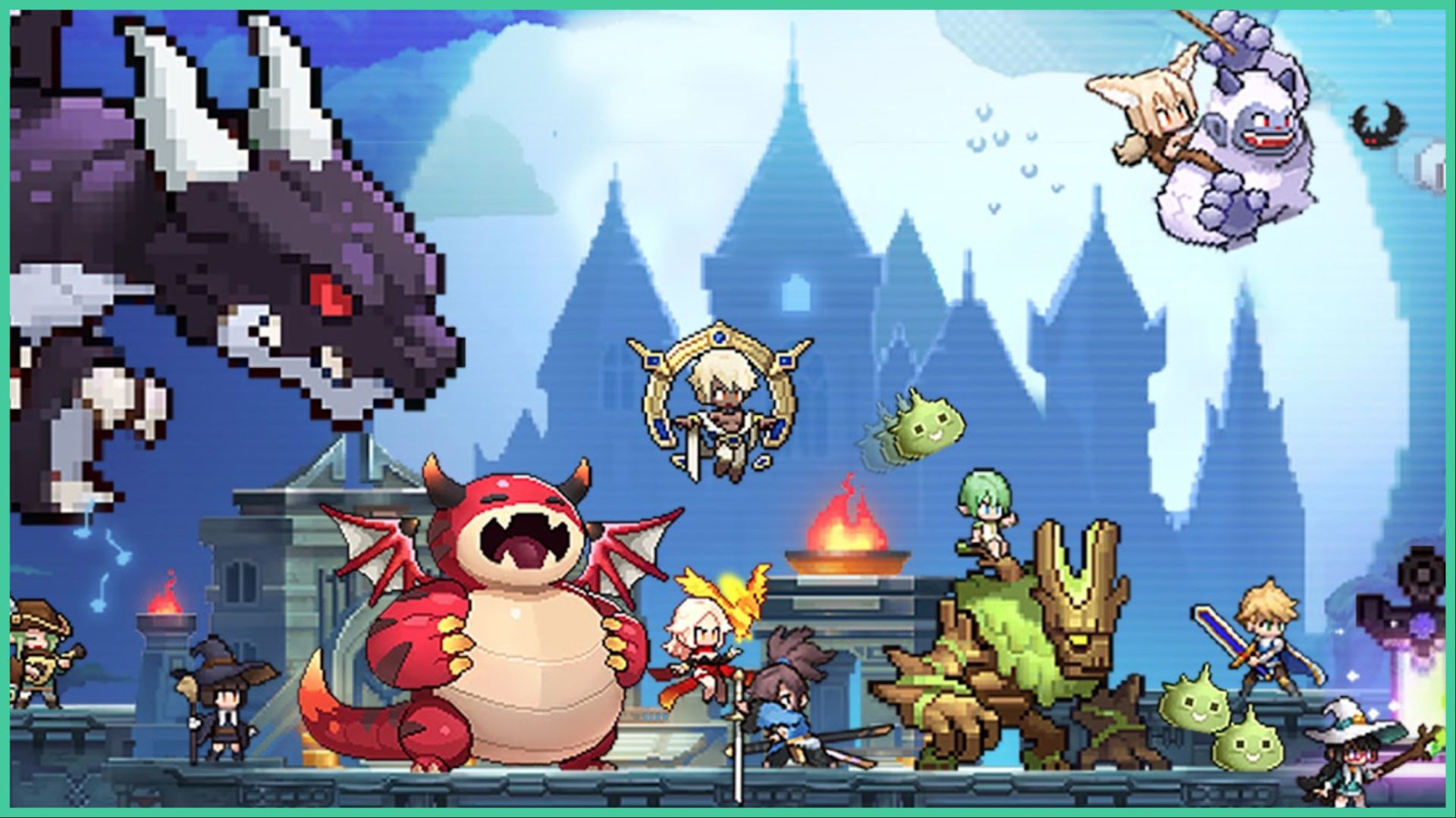 feature image for our pixel heroes tier list, the image features promo art for the game with pixelated characters all looking ahead as they hold their weapons, there is a giant dragon to the left, a round smaller dragon yawning while standing next to the heroes, and a yeti flying through the sky with a character on its back, there is also a faint castle in the distance, as all of the characters stand on a stone bridge lit with fire torches