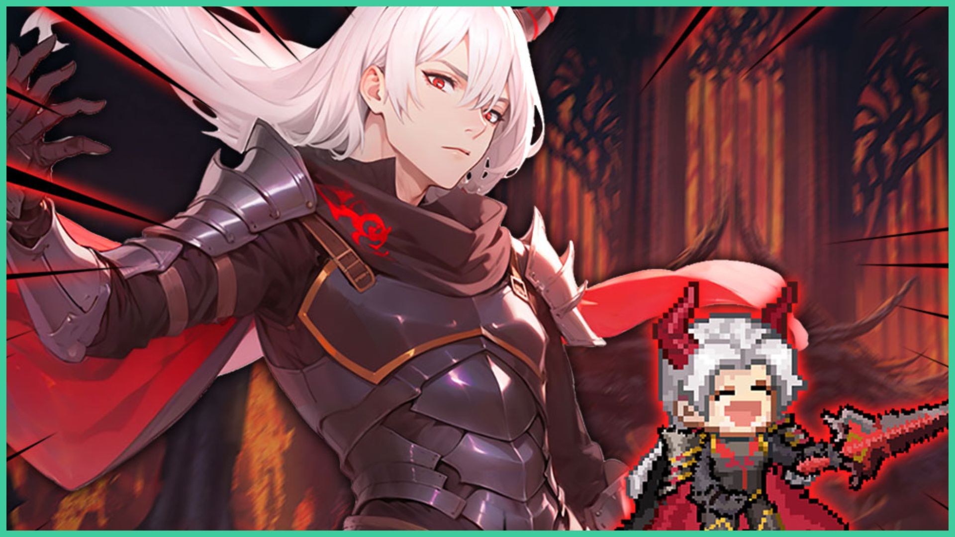 feature image for our pixel overlord codes guide, the image features promo art for the game of a female character with a stern face as she wears metal armor, with her cape flowing backwards, there is a pixelated sprite of the demon king as he smiles and holds his sword